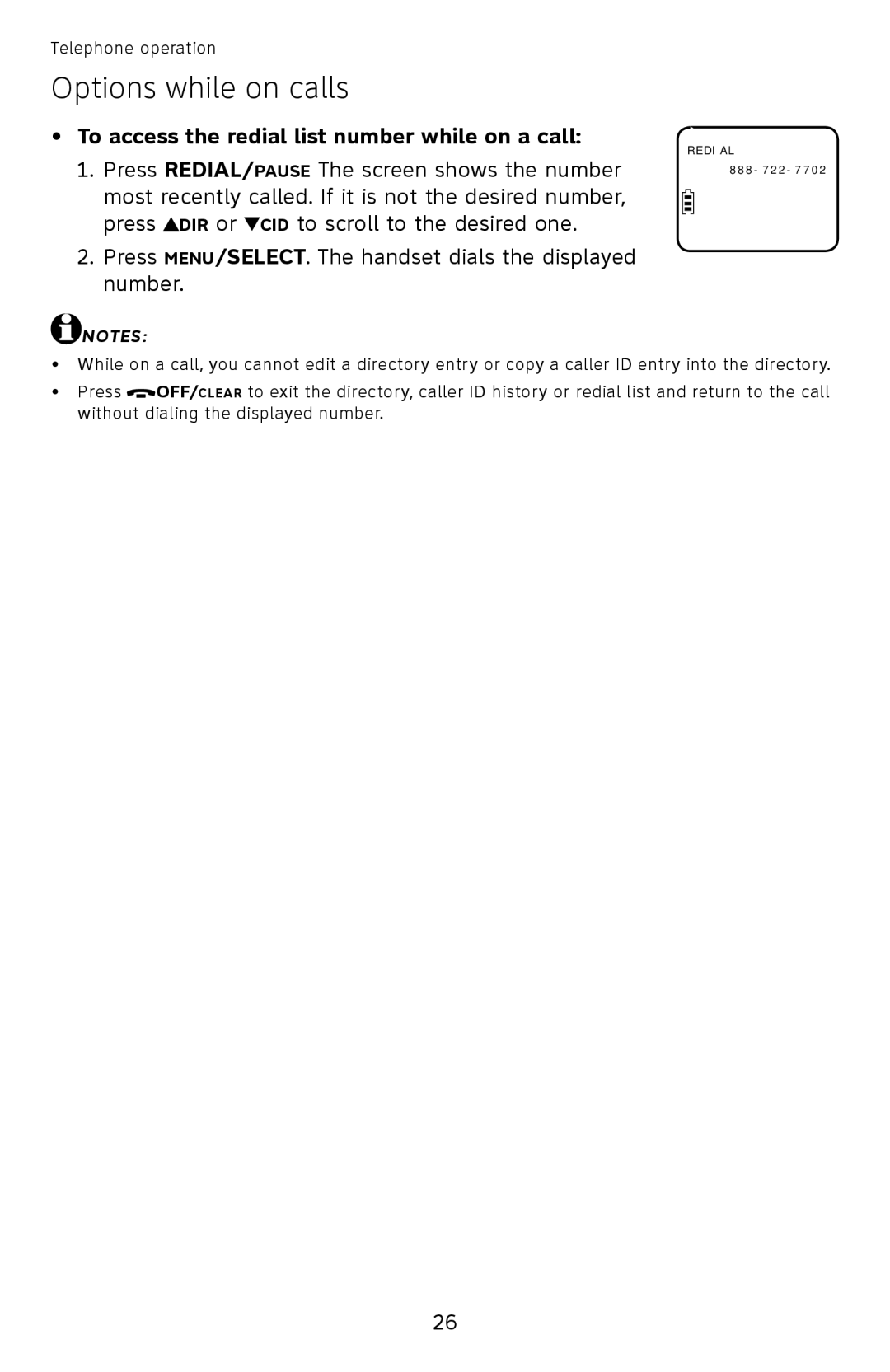 AT&T EL52100, EL52110 user manual To access the redial list number while on a call 