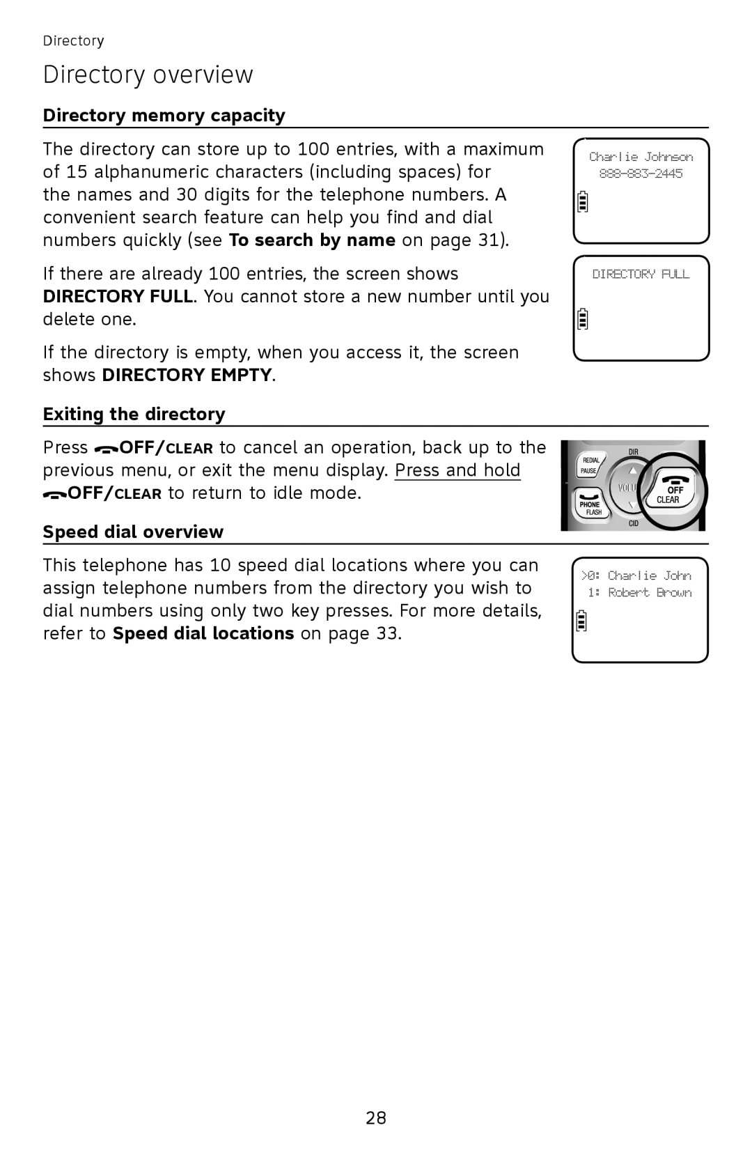 AT&T EL52100, EL52110 user manual Directory overview, Directory memory capacity, Shows Directory Empty Exiting the directory 