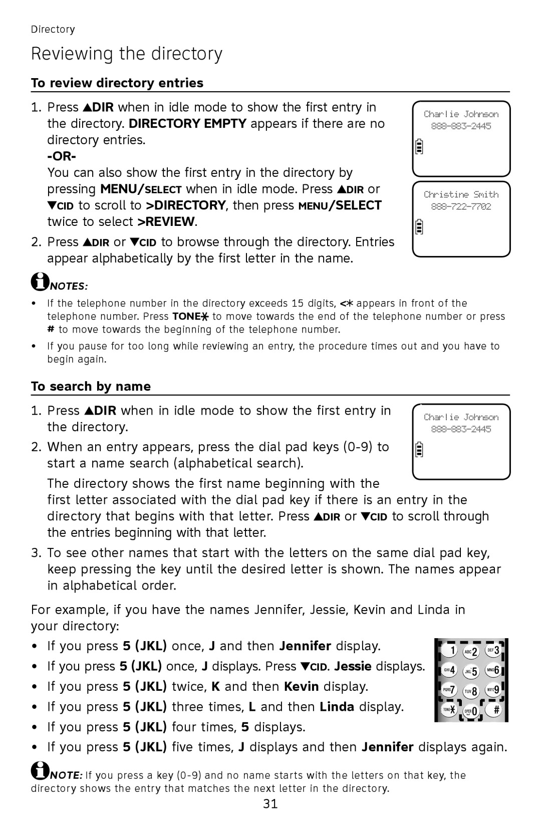 AT&T EL52110, EL52100 user manual Reviewing the directory, To review directory entries, To search by name 