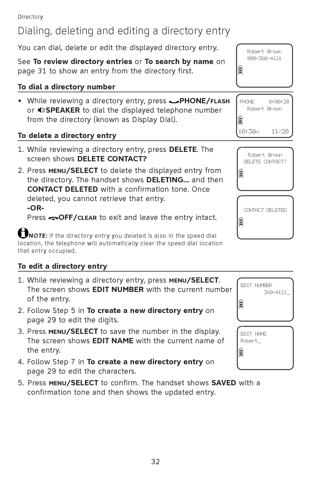 AT&T EL52100 Dialing, deleting and editing a directory entry, To delete a directory entry, To edit a directory entry 