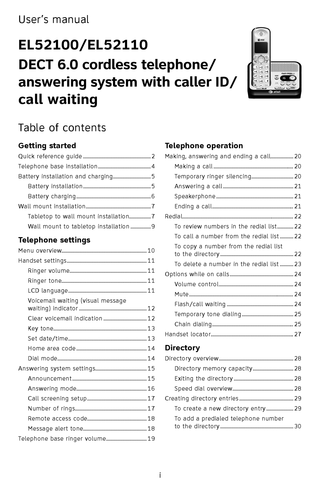 AT&T EL52110, EL52100 user manual User’s manual, Table of contents 