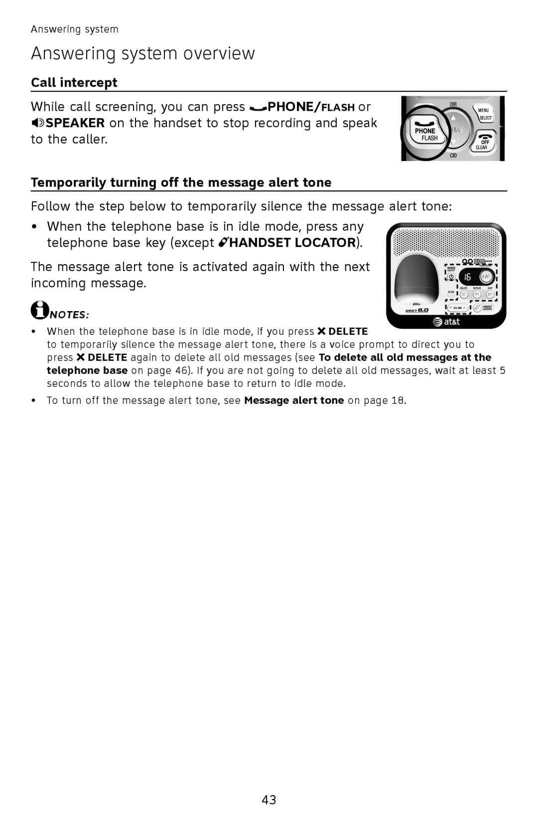 AT&T EL52110, EL52100 user manual Call intercept, Temporarily turning off the message alert tone 