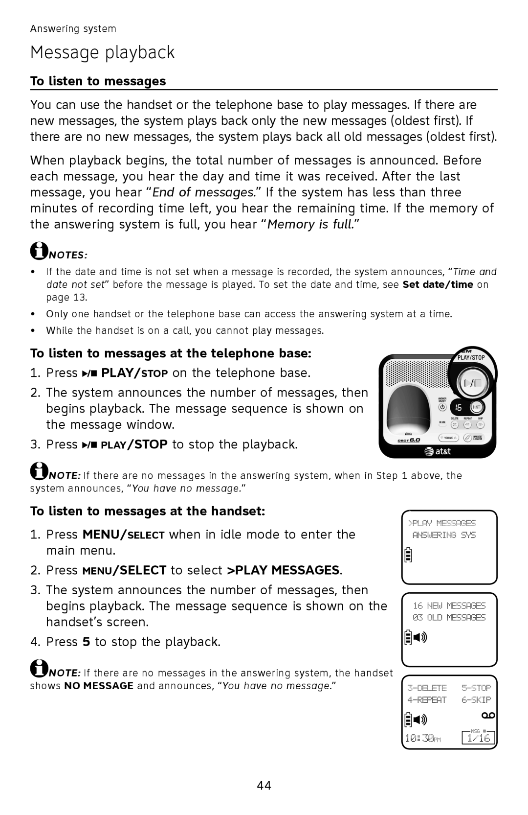 AT&T EL52100 Message playback, To listen to messages at the telephone base, To listen to messages at the handset 