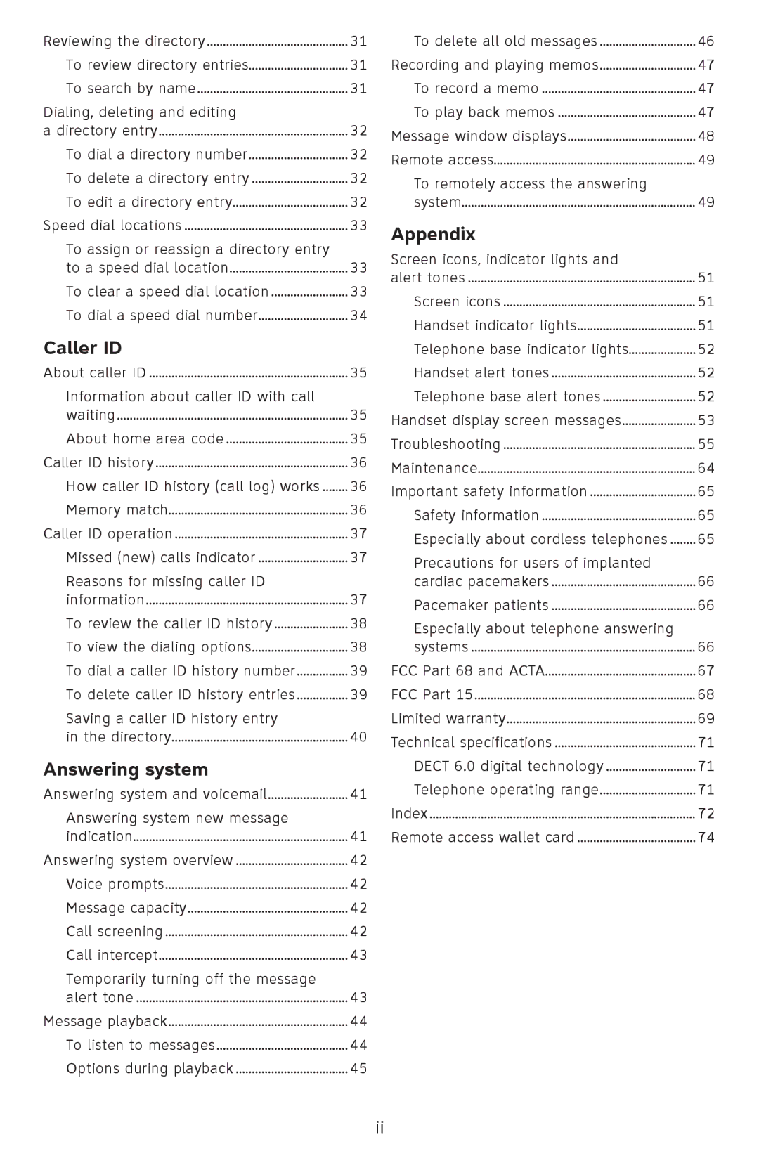 AT&T EL52100, EL52110 user manual Caller ID, Answering system, Appendix 