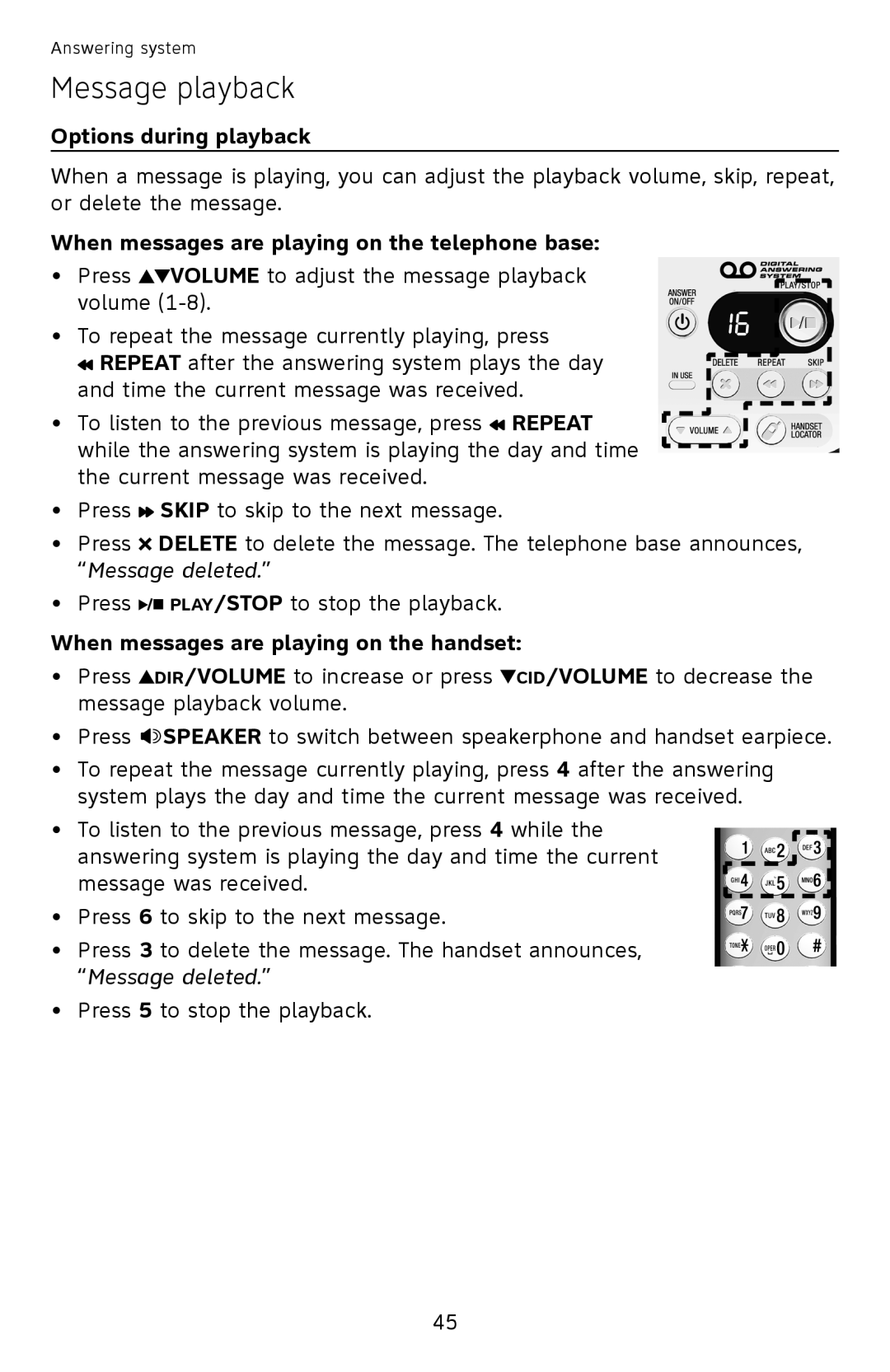 AT&T EL52110, EL52100 user manual Options during playback, When messages are playing on the telephone base 