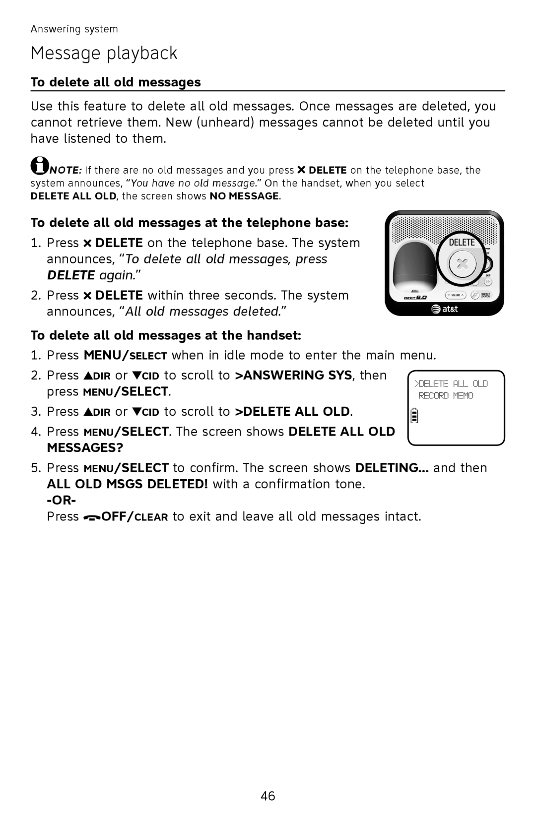 AT&T EL52100, EL52110 To delete all old messages at the telephone base, To delete all old messages at the handset 