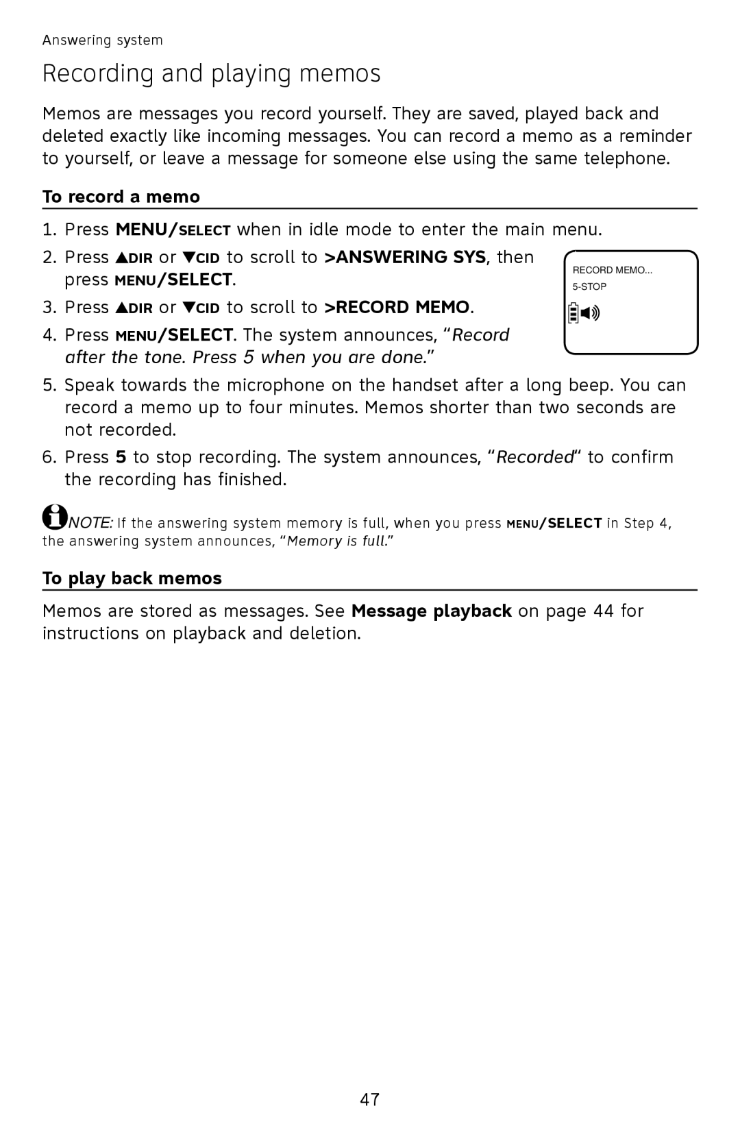 AT&T EL52110, EL52100 user manual Recording and playing memos, To record a memo, To play back memos 