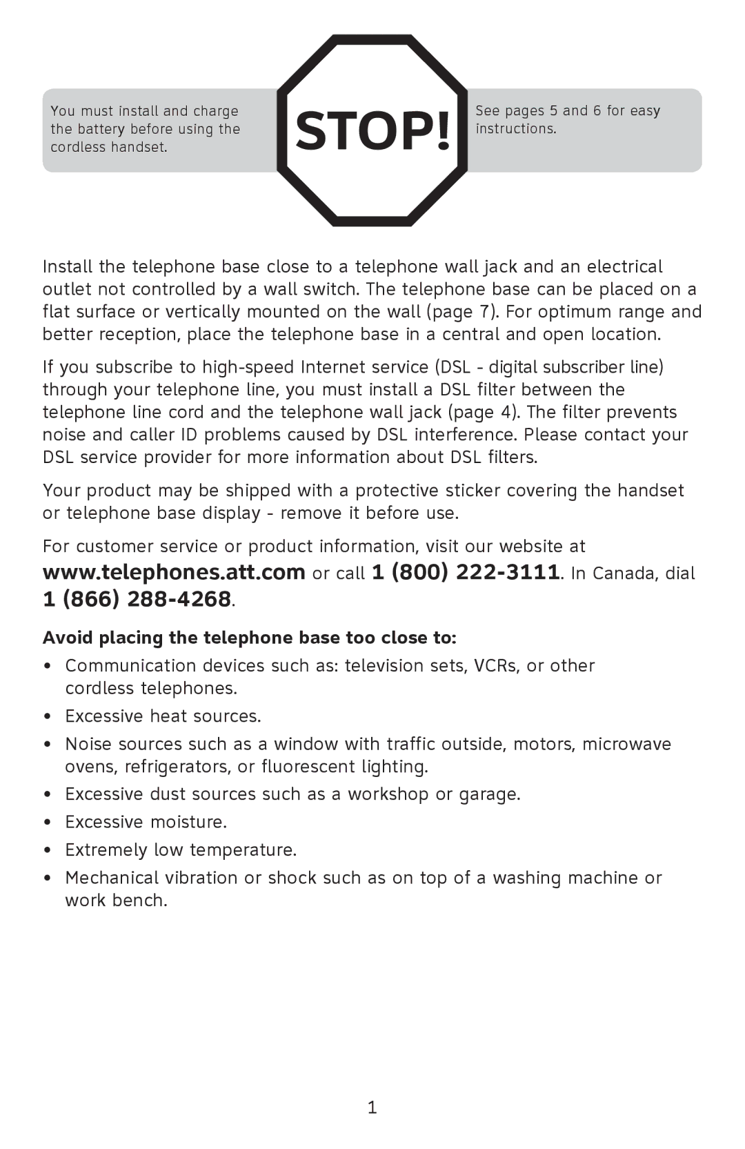 AT&T EL52110, EL52100 user manual Avoid placing the telephone base too close to 