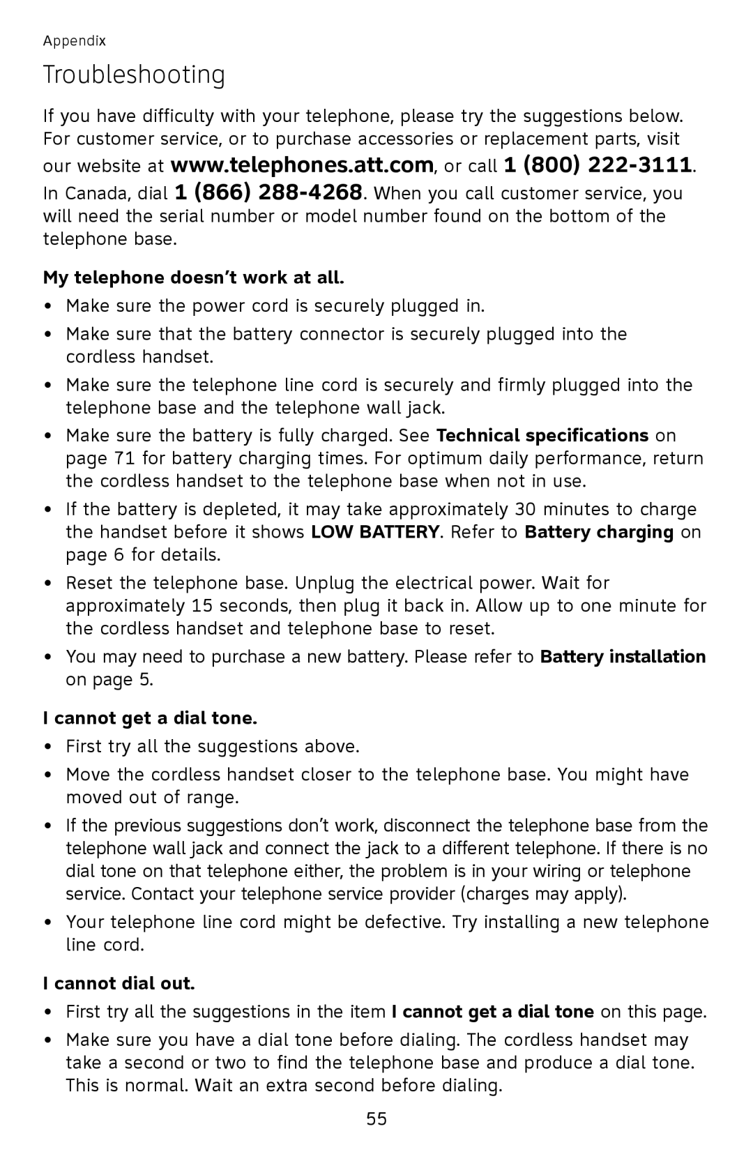 AT&T EL52110, EL52100 user manual Troubleshooting, My telephone doesn’t work at all, Cannot get a dial tone, Cannot dial out 