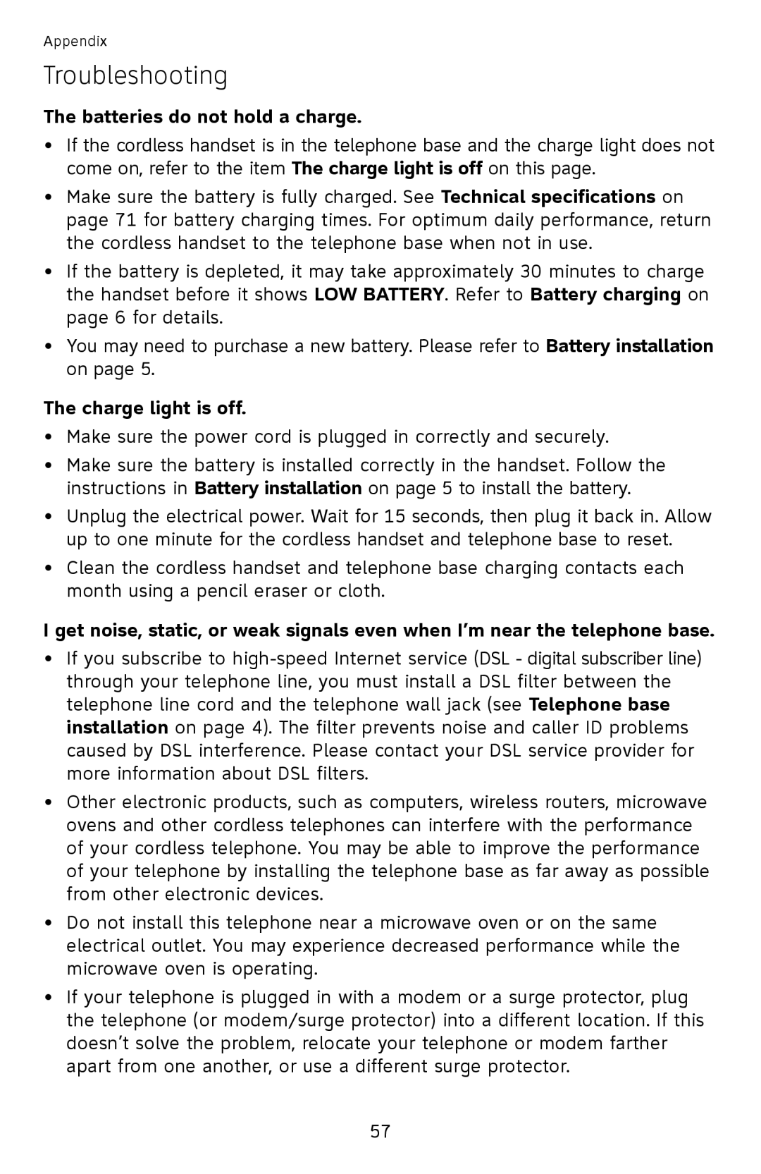 AT&T EL52110, EL52100 user manual Batteries do not hold a charge, Charge light is off 