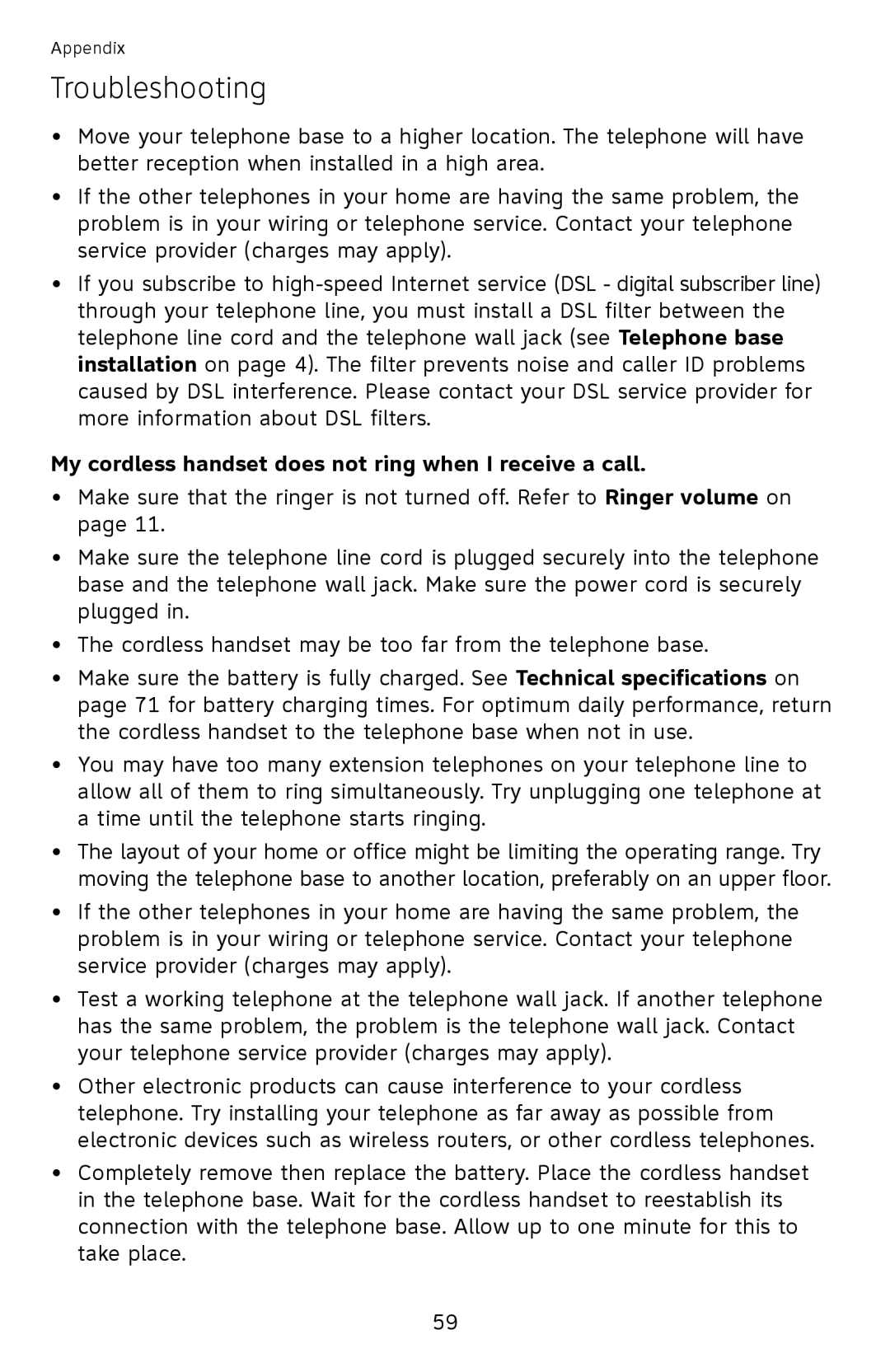 AT&T EL52110, EL52100 user manual My cordless handset does not ring when I receive a call 