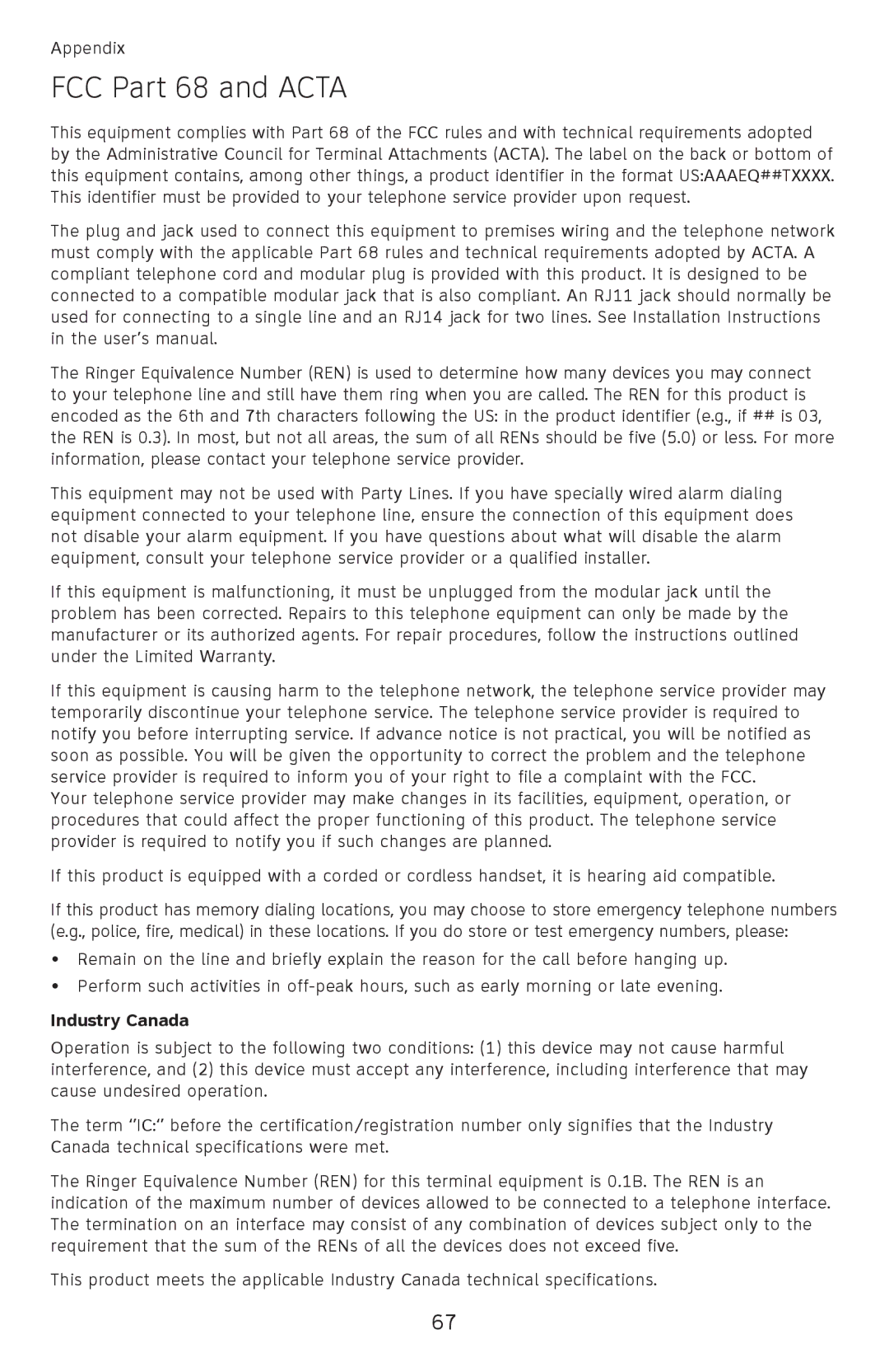 AT&T EL52110, EL52100 user manual FCC Part 68 and Acta, Industry Canada 