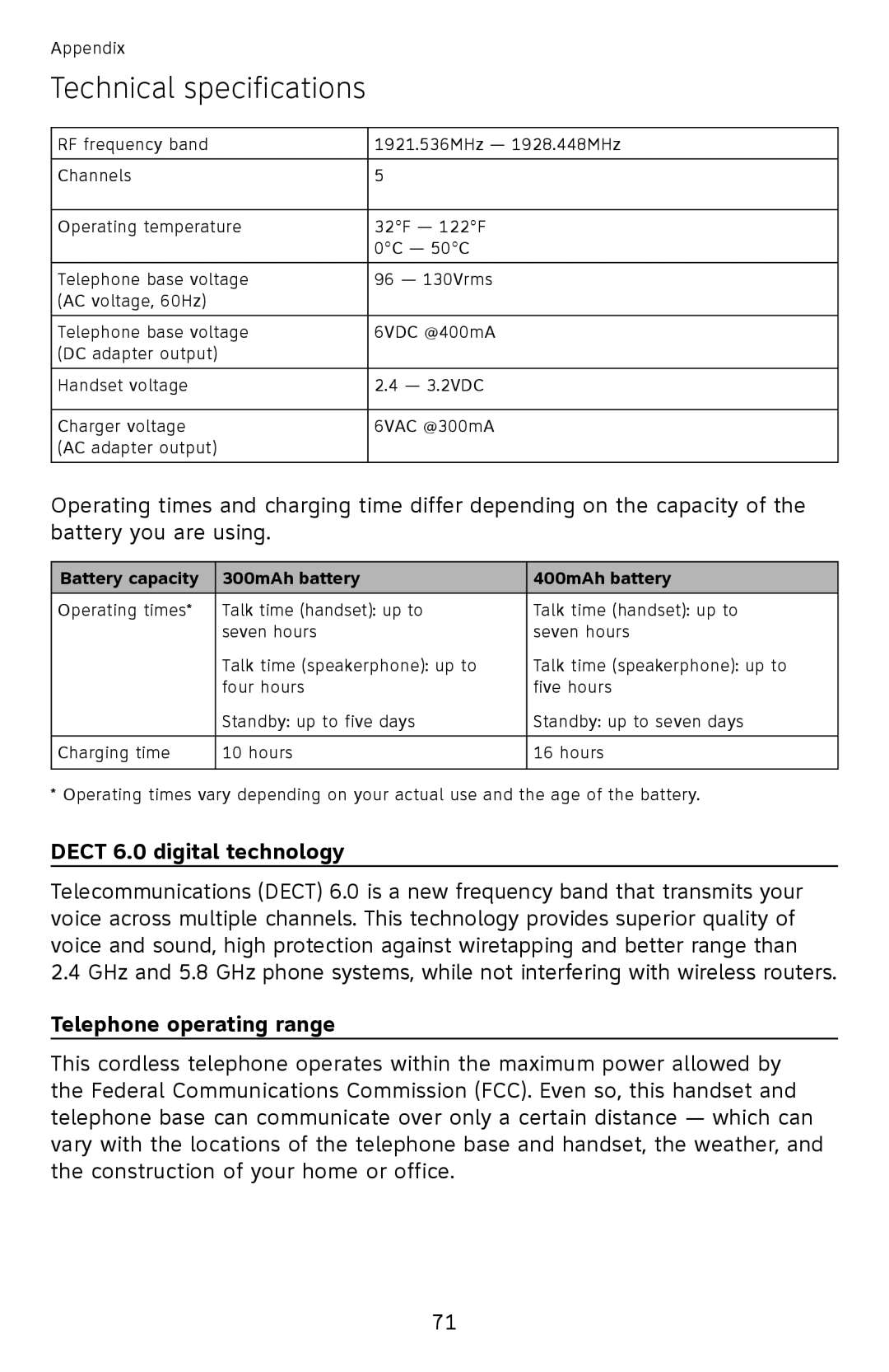 AT&T EL52110, EL52100 user manual Technical specifications, Dect 6.0 digital technology, Telephone operating range 