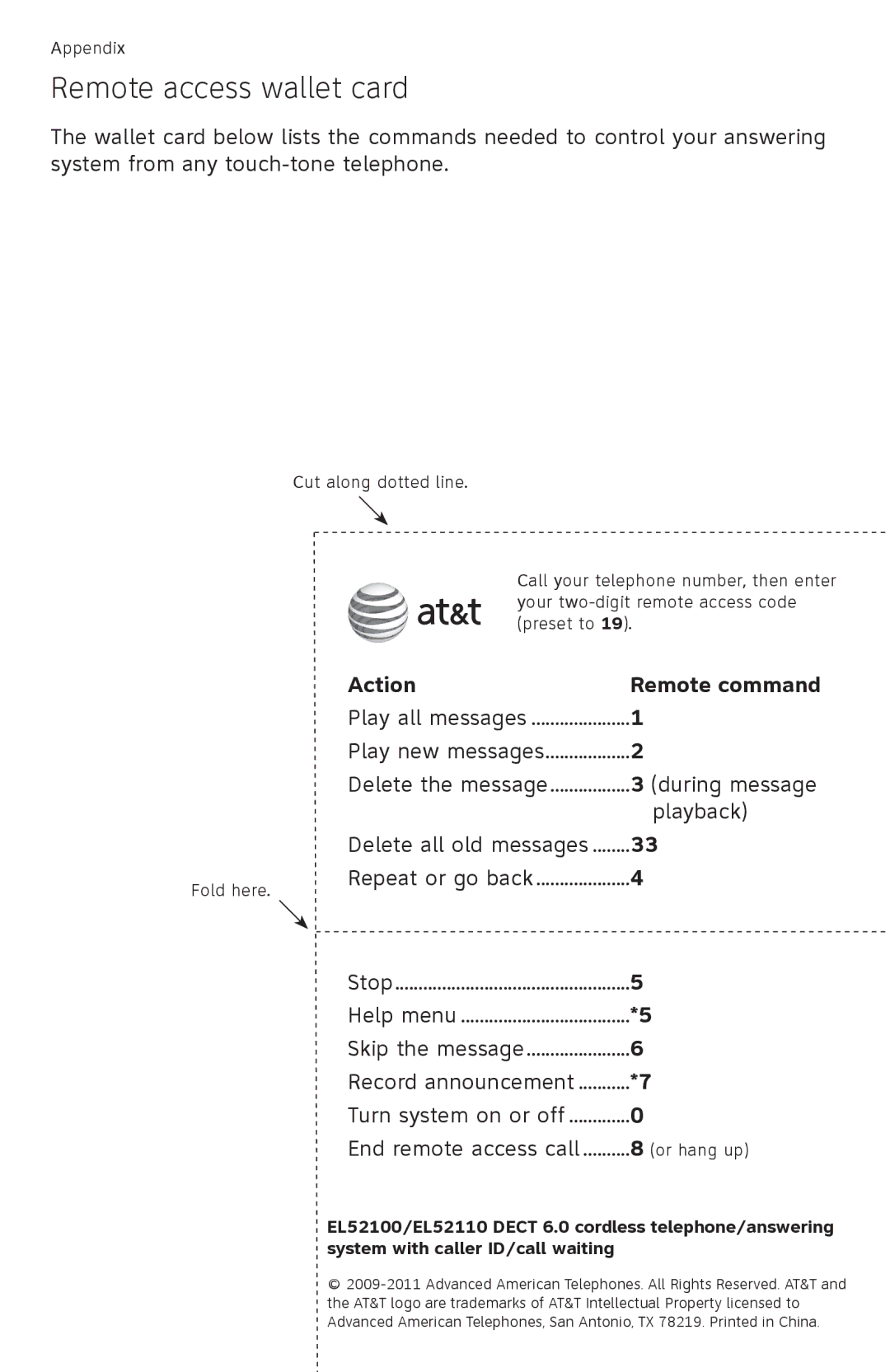 AT&T EL52100, EL52110 user manual Remote access wallet card, Action Remote command, During message, Playback 