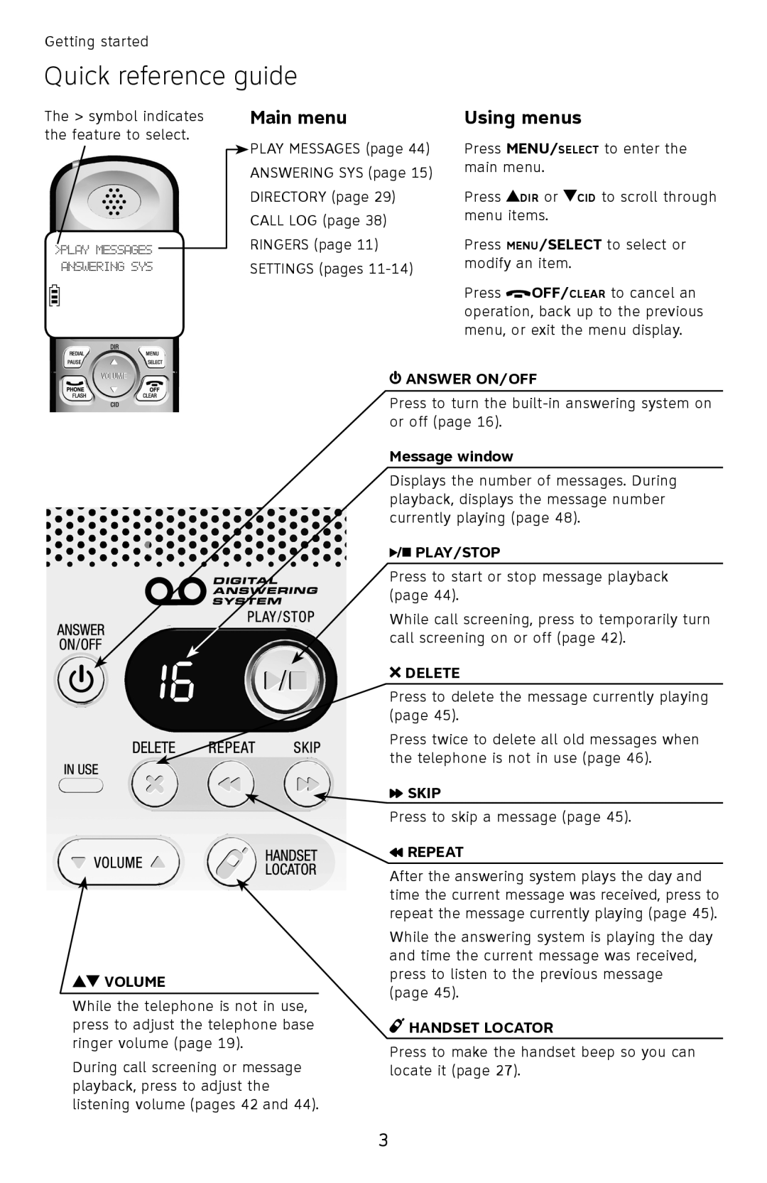 AT&T EL52110, EL52100 user manual Main menu, Using menus 