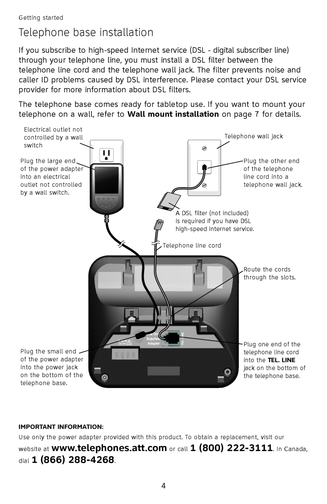 AT&T EL52100, EL52110 user manual Telephone base installation, Important Information 