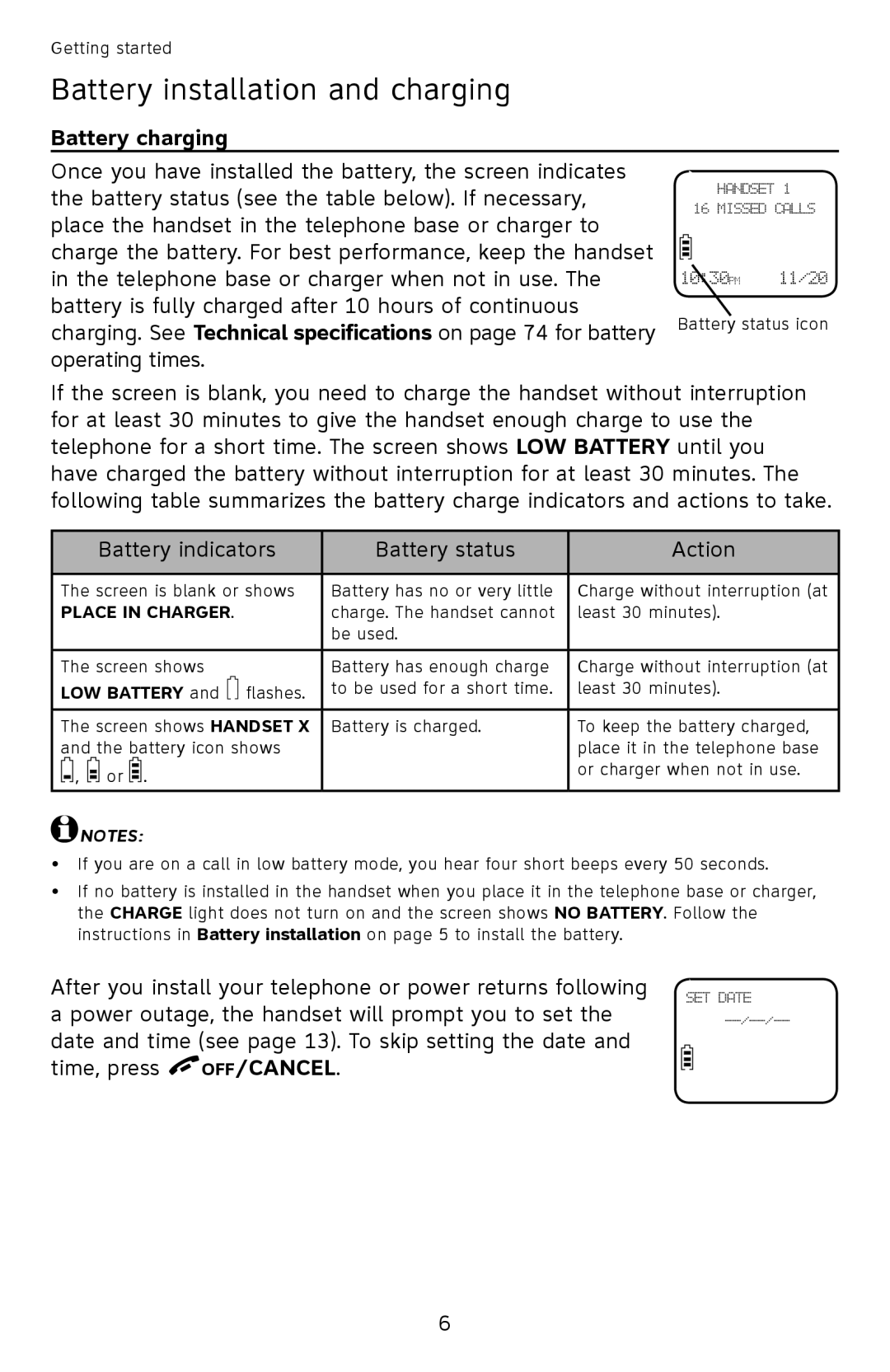 AT&T EL52301, EL52351, EL52201, EL52251, EL52401 user manual Battery charging, Place in charger, Low battery 