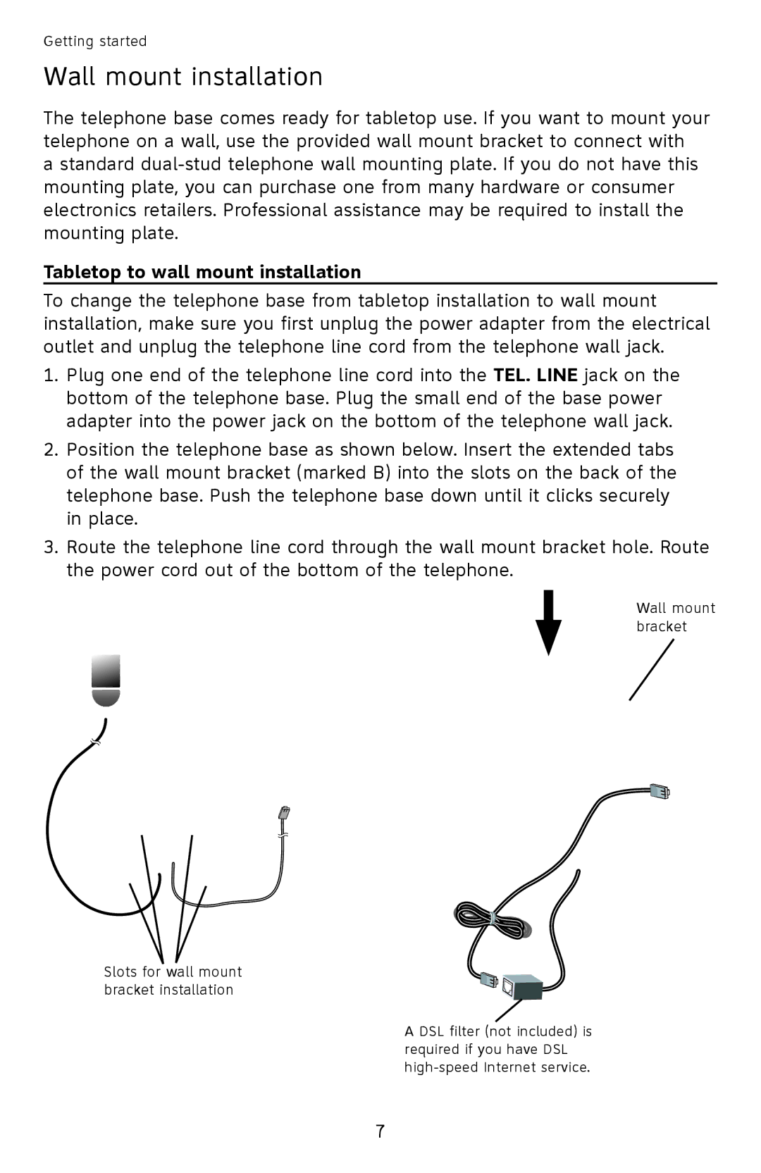 AT&T EL52201, EL52351, EL52301, EL52251, EL52401 user manual Wall mount installation, Tabletop to wall mount installation 