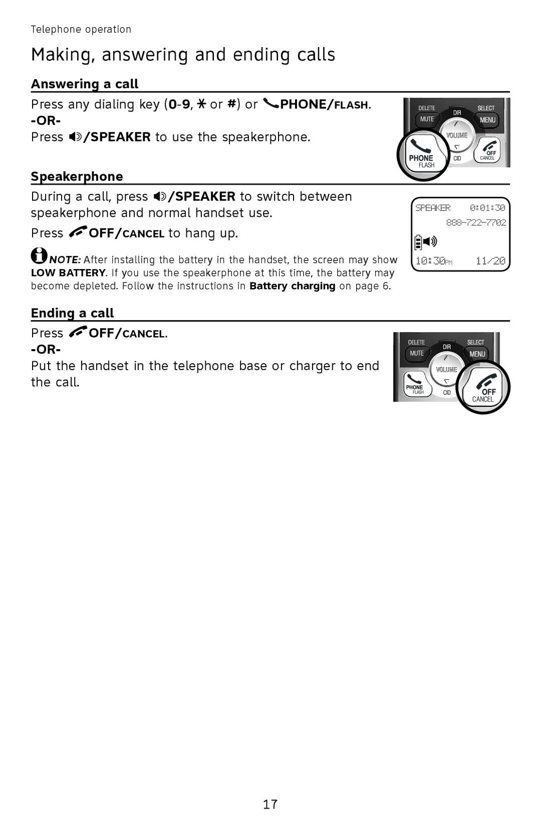 AT&T EL52201, EL52351, EL52301, EL52251, EL52401 user manual Answering a call, Speakerphone, Ending a call 