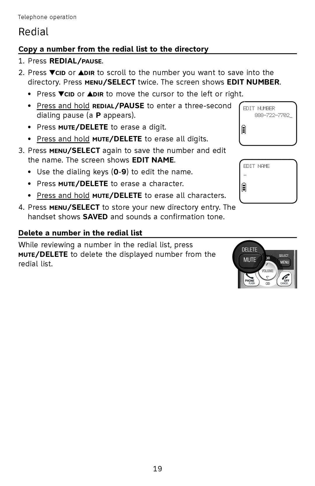 AT&T EL52401, EL52351, EL52301 Copy a number from the redial list to the directory, Delete a number in the redial list 