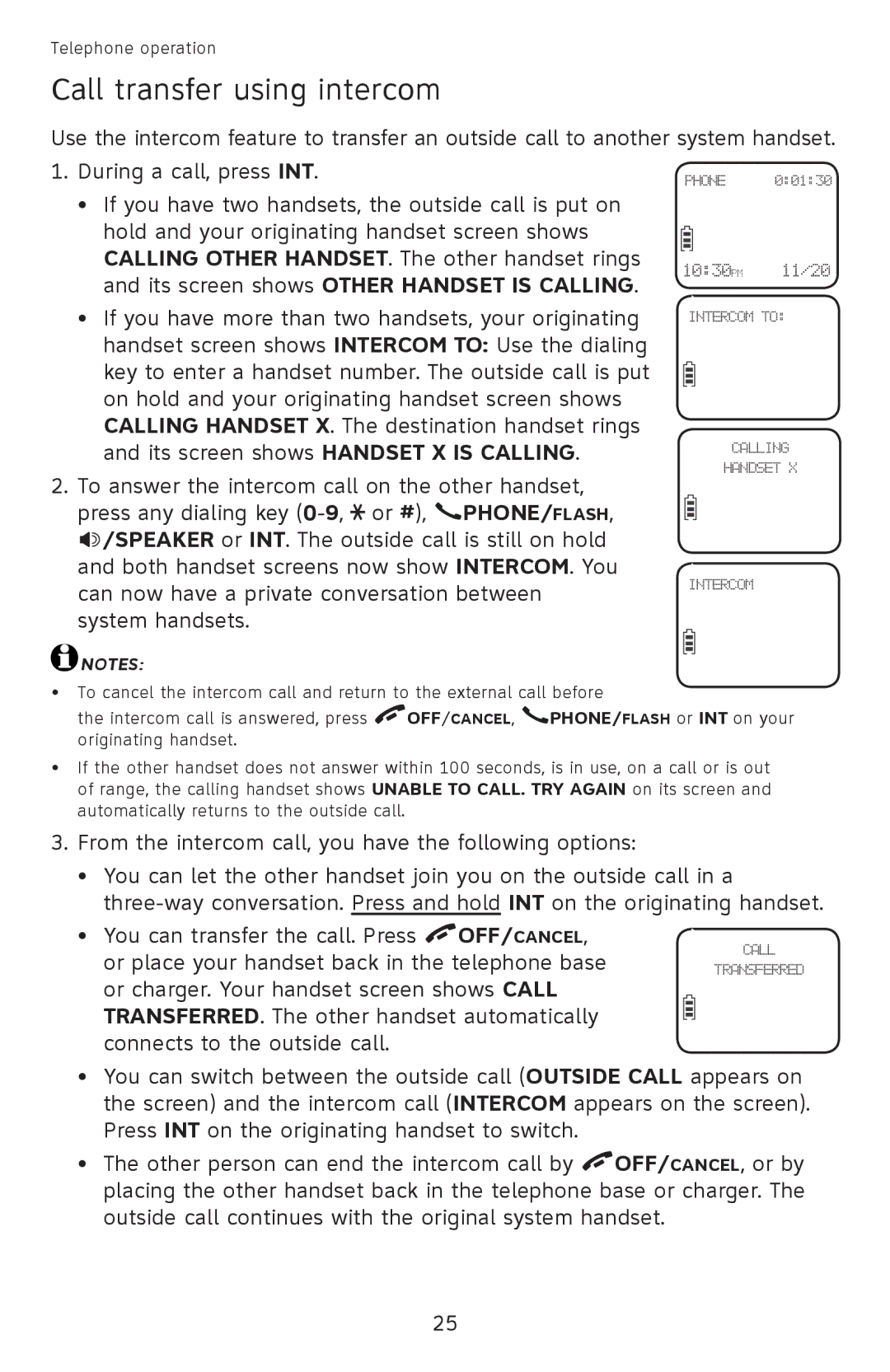 AT&T EL52351, EL52301, EL52201, EL52251, EL52401 Call transfer using intercom, Its screen shows other handset is calling 