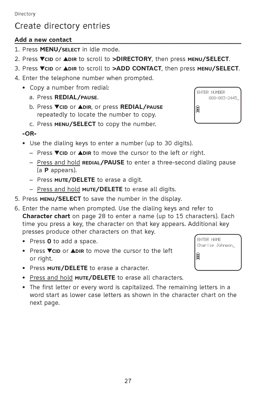 AT&T EL52201, EL52351, EL52301, EL52251, EL52401 user manual Create directory entries, Add a new contact 