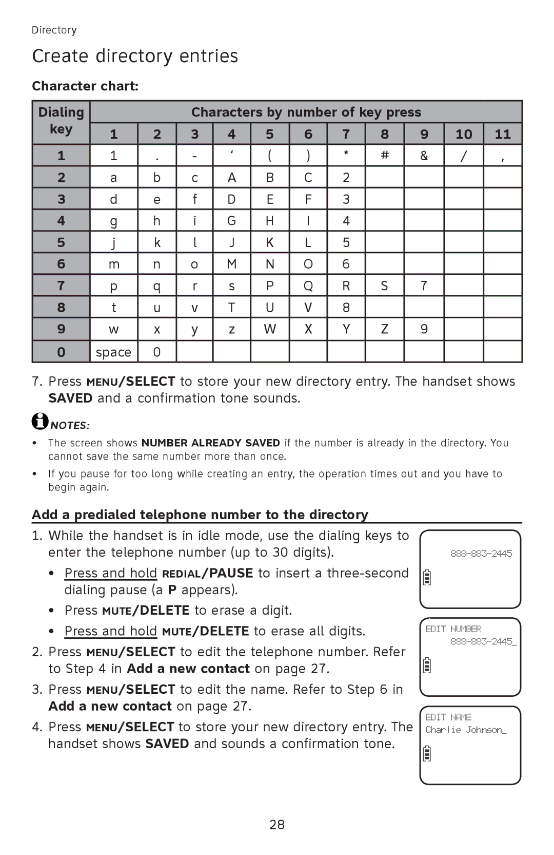 AT&T EL52251 Character chart, Characters by number of key press, Add a predialed telephone number to the directory 