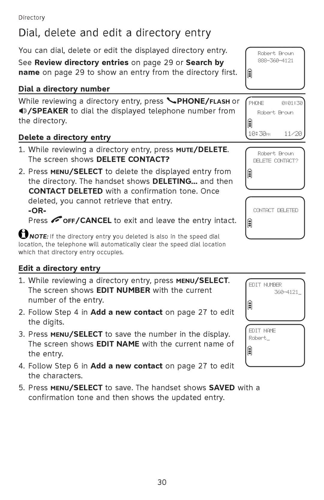 AT&T EL52351, EL52301 Dial, delete and edit a directory entry, See Review directory entries on page 29 or Search by 