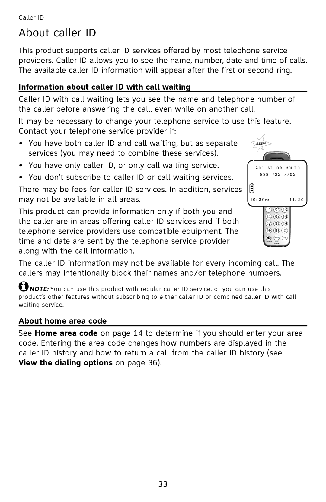 AT&T EL52251, EL52351, EL52301, EL52201 About caller ID, Information about caller ID with call waiting, About home area code 