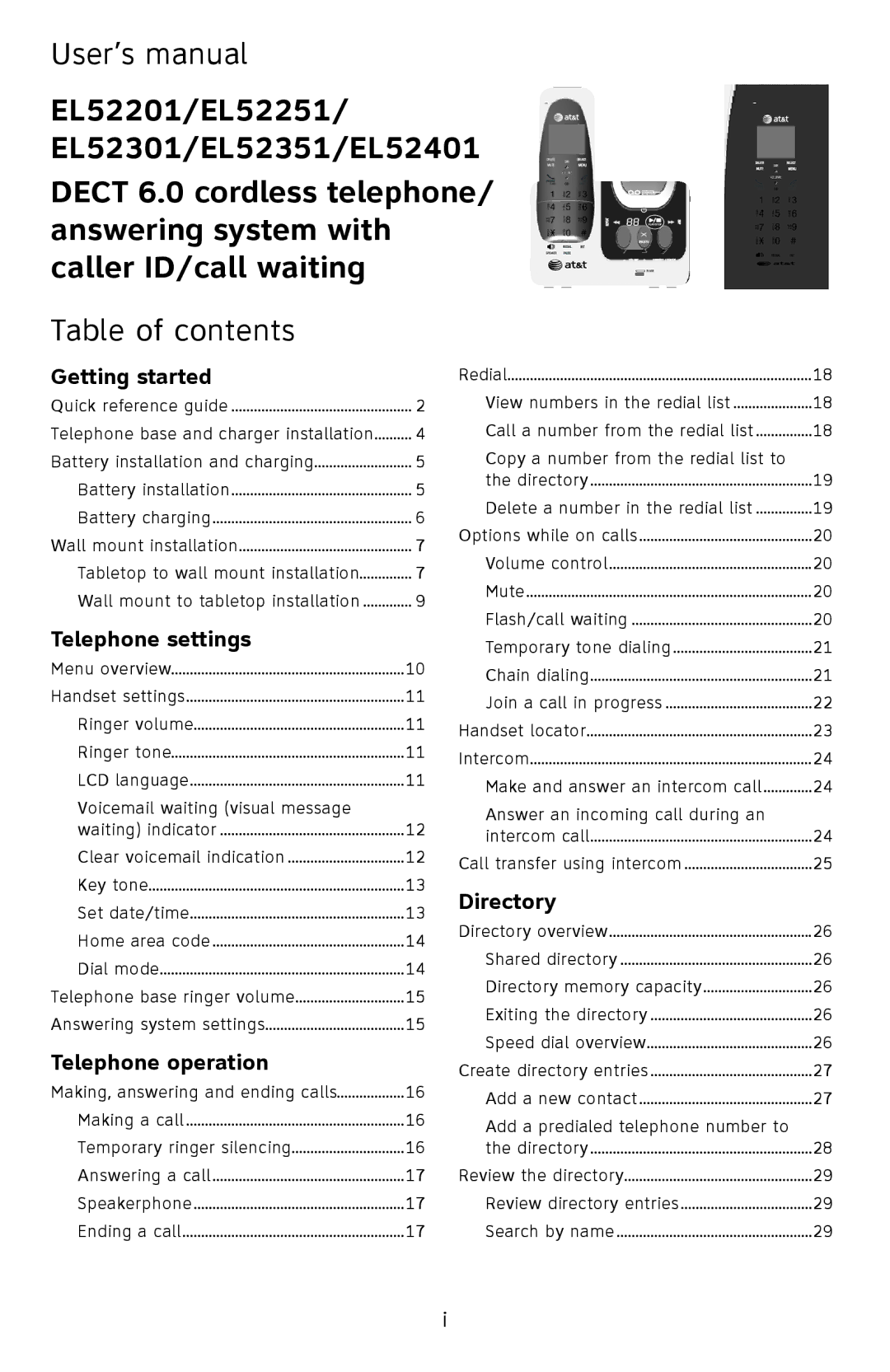 AT&T EL52401, EL52351, EL52301, EL52201, EL52251 user manual User’s manual, Table of contents 