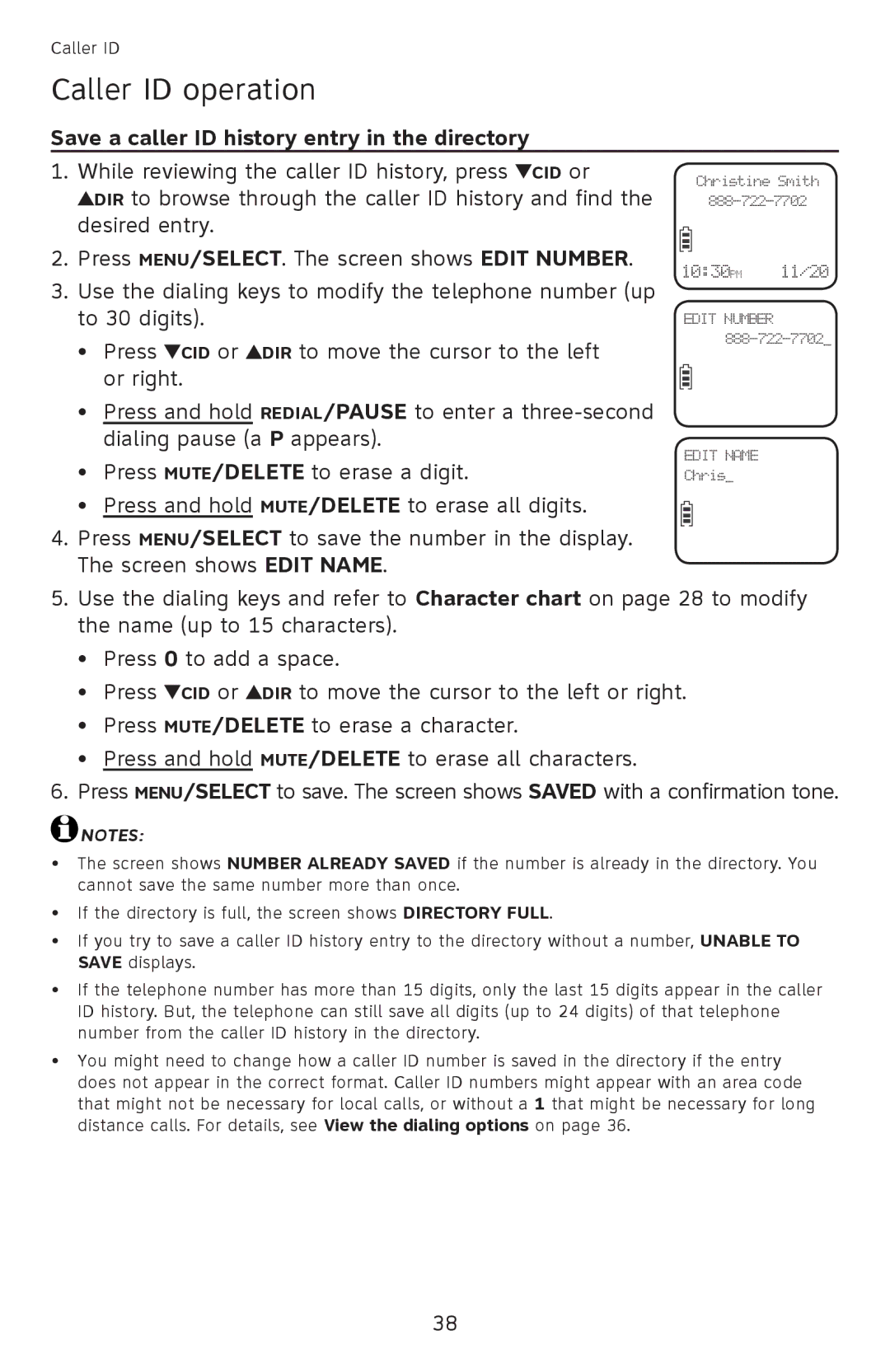 AT&T EL52251, EL52351, EL52301, EL52201, EL52401 user manual Save a caller ID history entry in the directory 