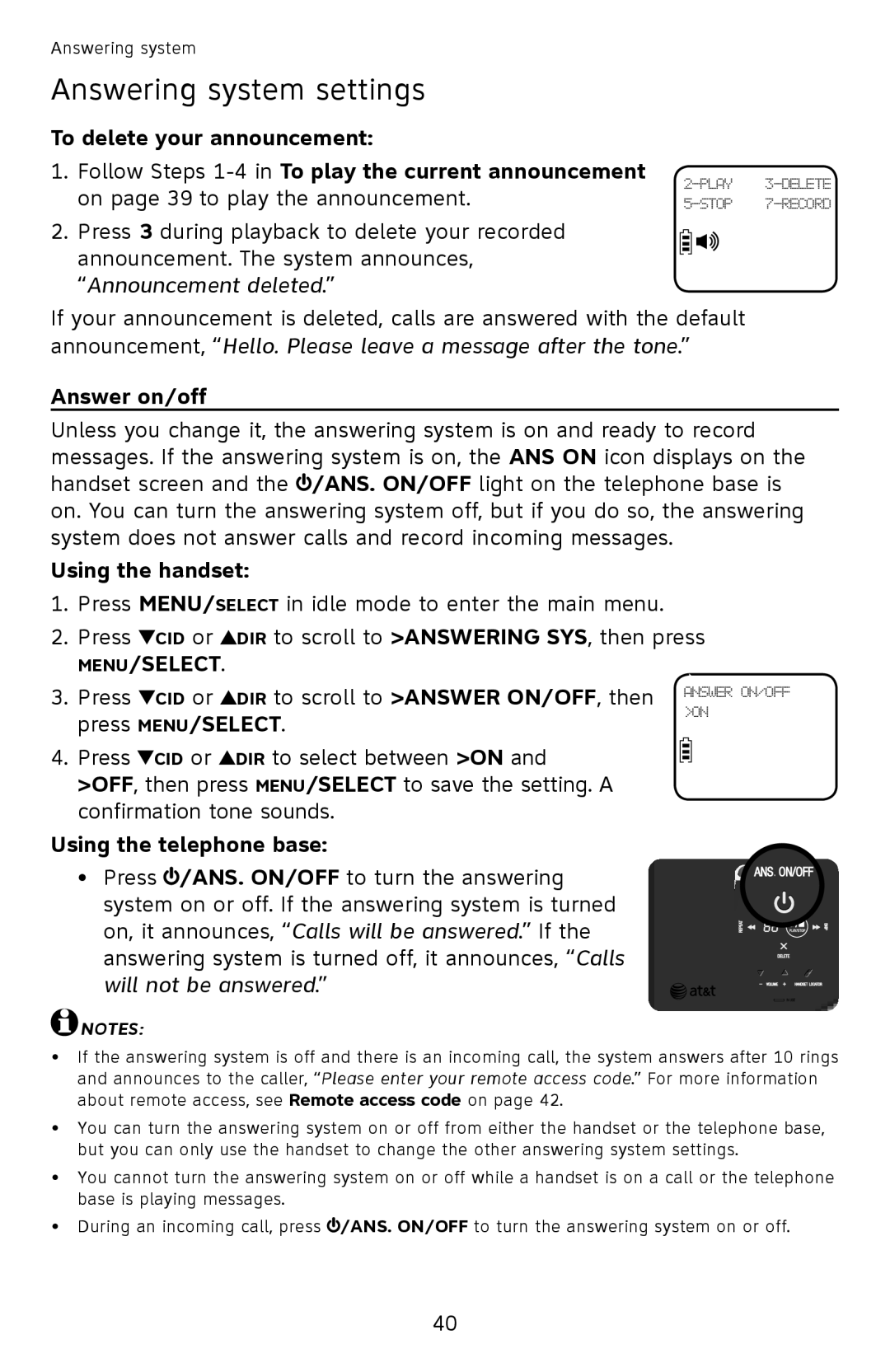 AT&T EL52351, EL52301, EL52201, EL52251, EL52401 user manual Answer on/off, Using the handset, Using the telephone base 