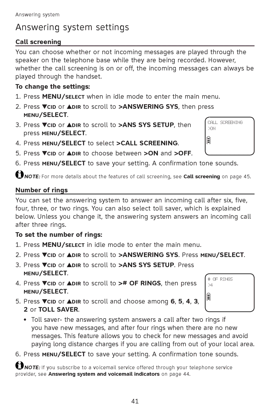 AT&T EL52301 To change the settings, Press menu/select to select Call screening, Number of rings, Or toll saver 