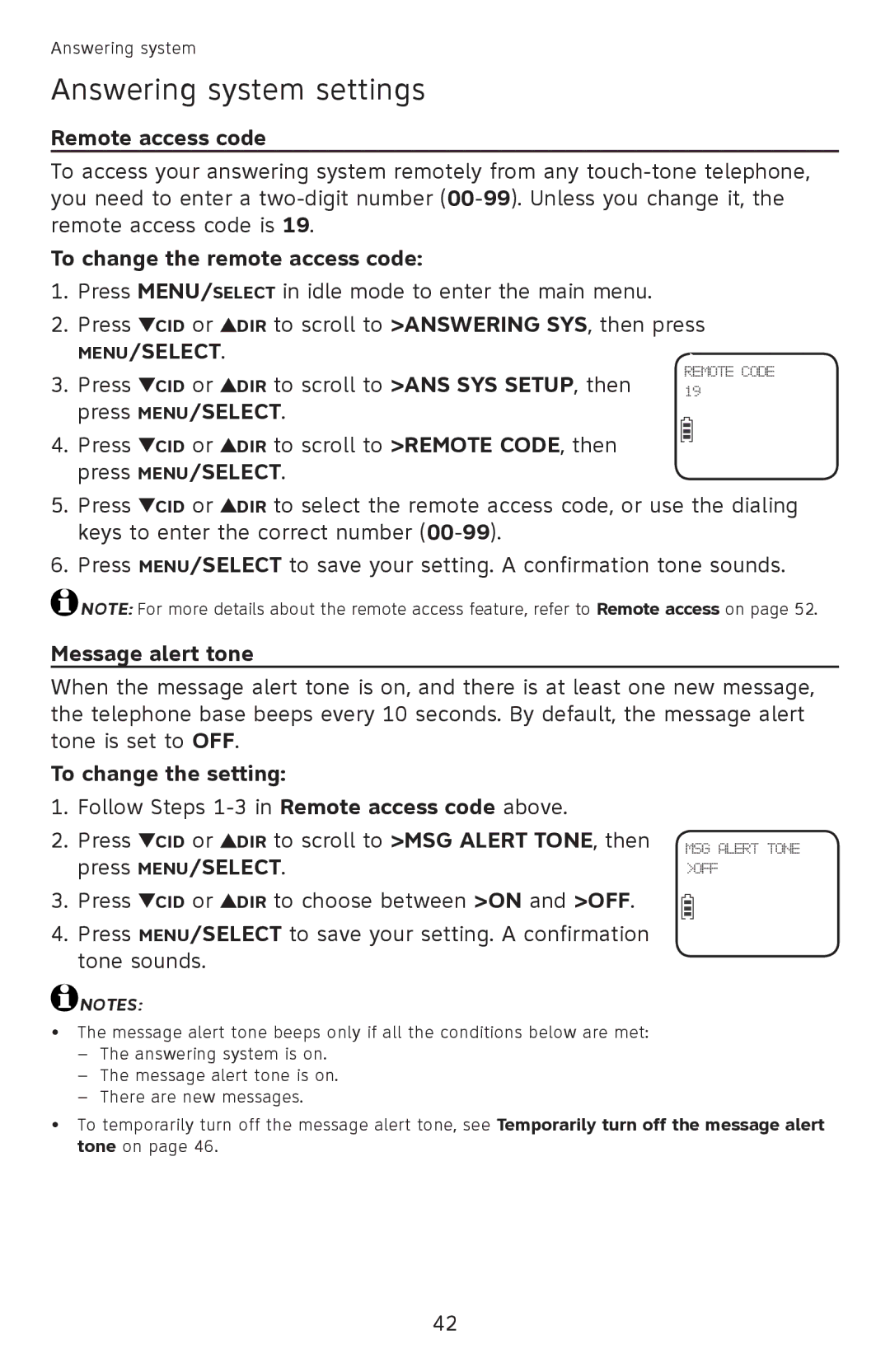 AT&T EL52201, EL52351 Remote access code, To change the remote access code, Message alert tone, To change the setting 