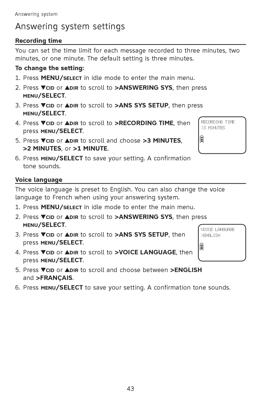 AT&T EL52251, EL52351, EL52301, EL52201, EL52401 user manual Recording time, Voice language 