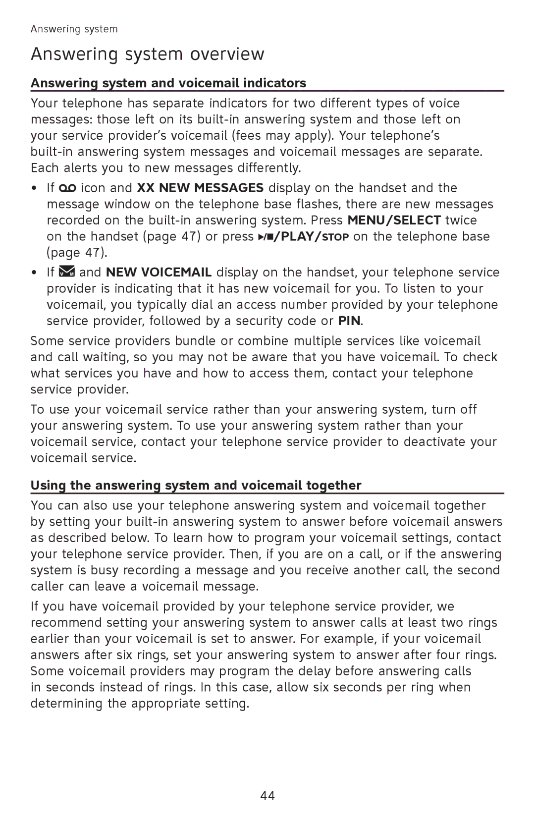 AT&T EL52401, EL52351, EL52301, EL52201, EL52251 Answering system overview, Answering system and voicemail indicators 