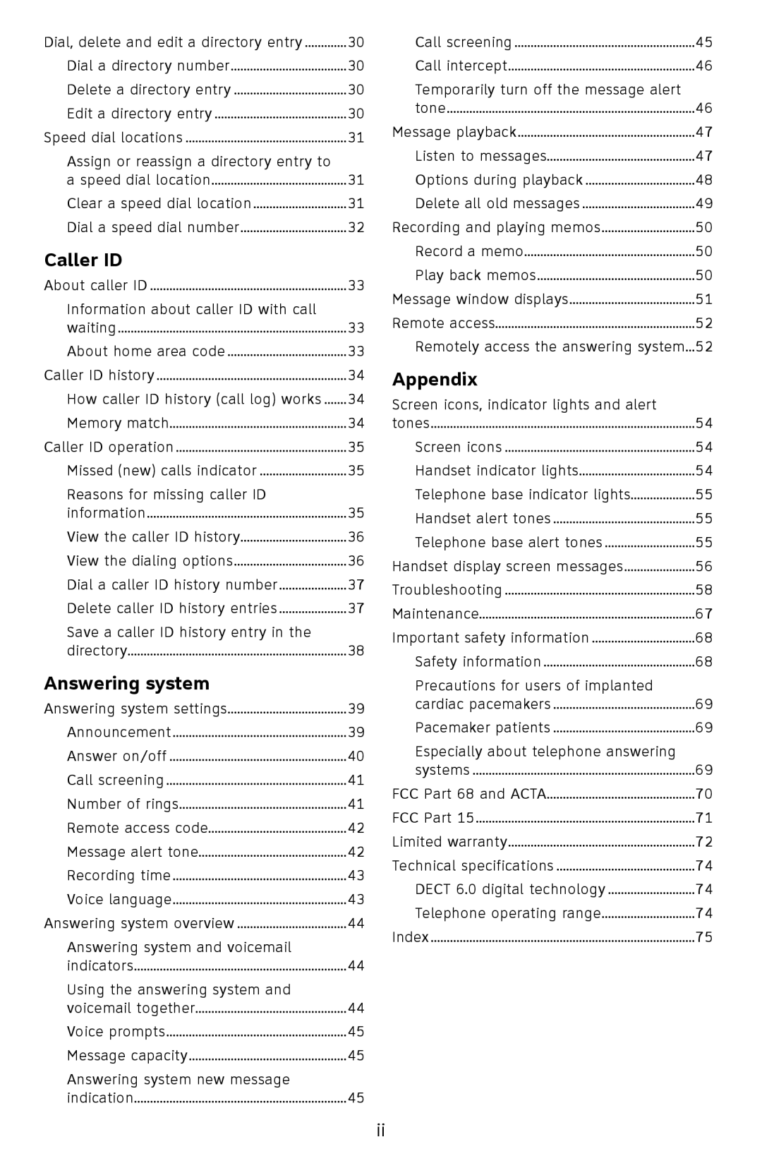 AT&T EL52351, EL52301, EL52201, EL52251, EL52401 user manual Caller ID, Answering system, Appendix 