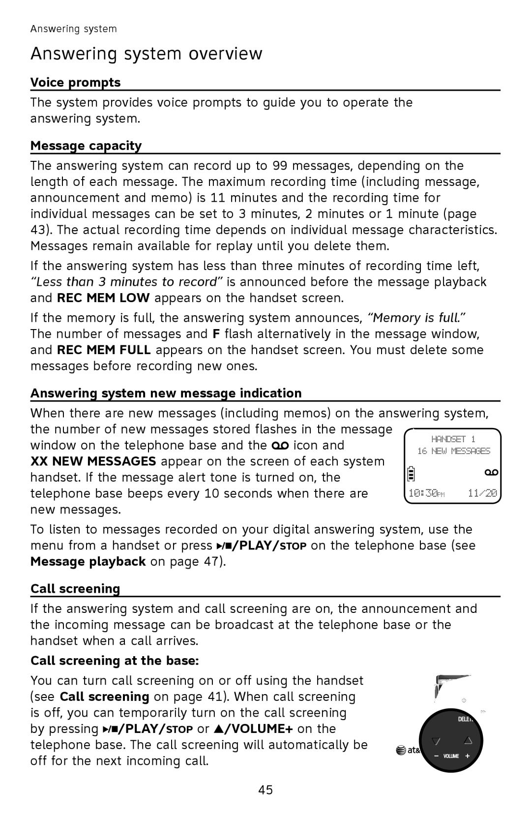 AT&T EL52351, EL52301 Voice prompts, Message capacity, Answering system new message indication, Call screening at the base 