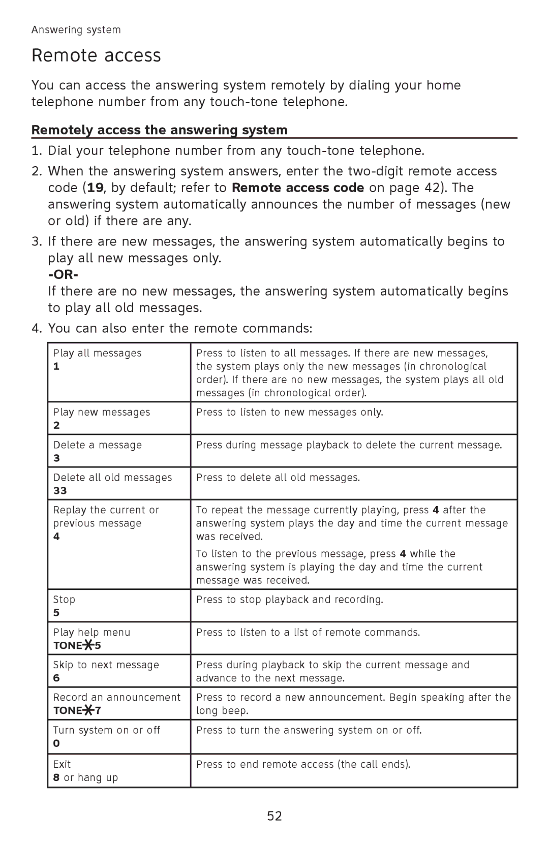 AT&T EL52201, EL52351, EL52301, EL52251, EL52401 user manual Remote access, Remotely access the answering system 