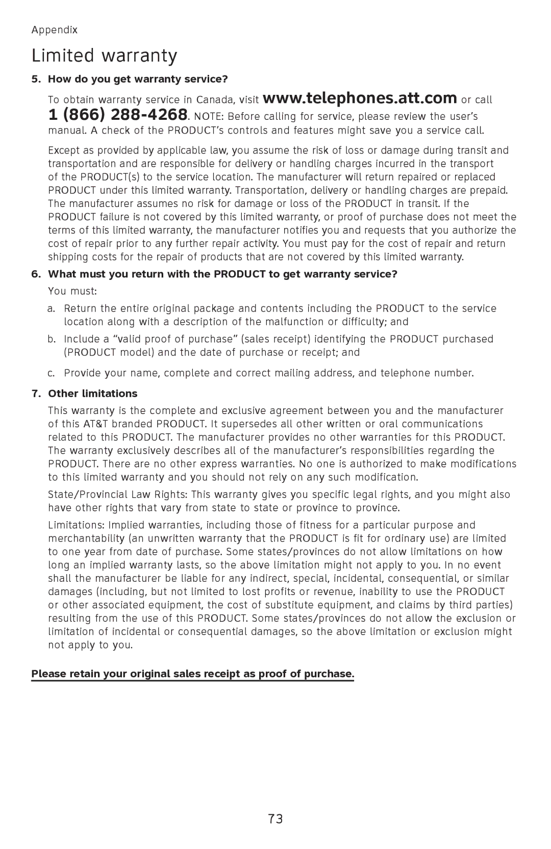 AT&T EL52251, EL52351, EL52301, EL52201, EL52401 user manual How do you get warranty service?, Other limitations 