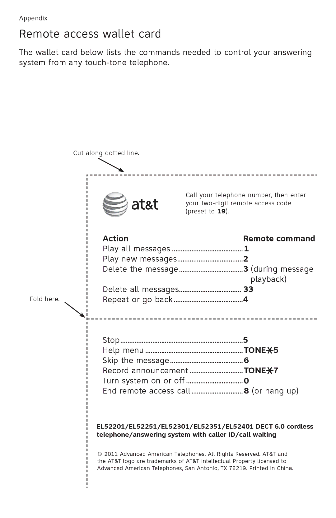 AT&T EL52201, EL52351, EL52301, EL52251, EL52401 user manual Remote access wallet card 