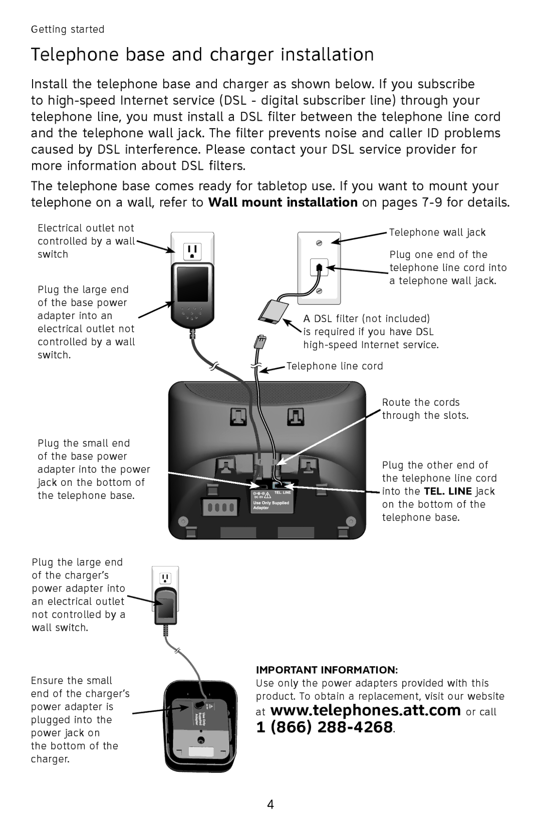 AT&T EL52401, EL52351, EL52301, EL52201, EL52251 user manual Telephone base and charger installation, Important information 