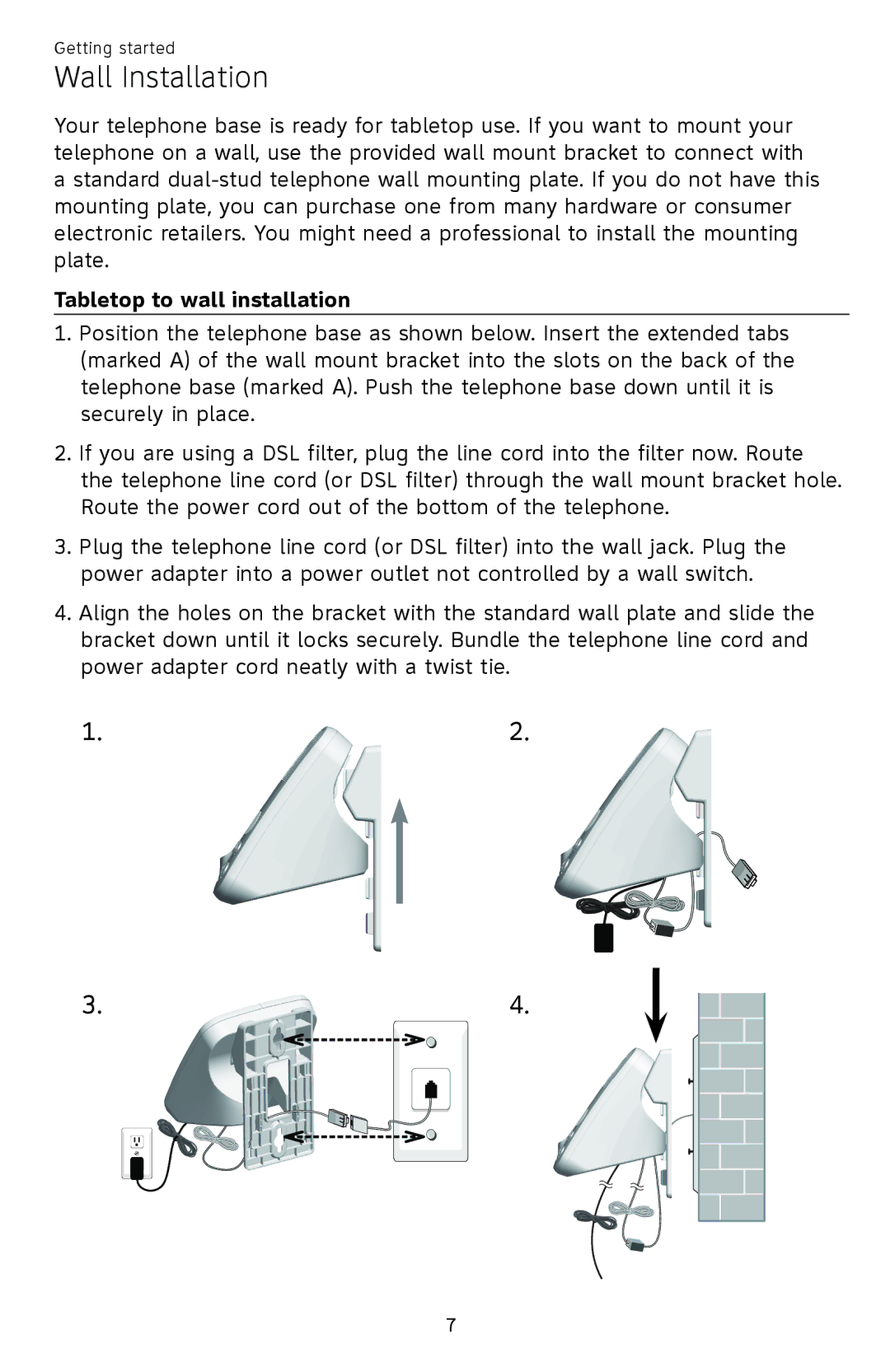 AT&T EL52409, EL52459, EL52419, EL52259, EL52209, EL52309 user manual Wall Installation, Tabletop to wall installation 