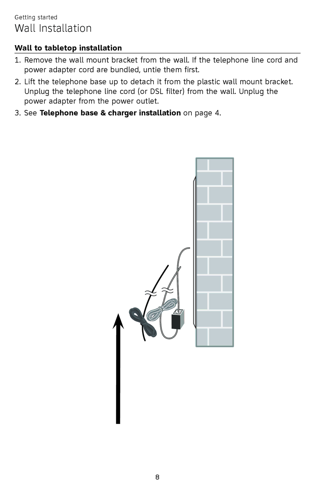 AT&T EL52459, EL52409, EL52419, EL52259, EL52209 Wall to tabletop installation, See Telephone base & charger installation on 