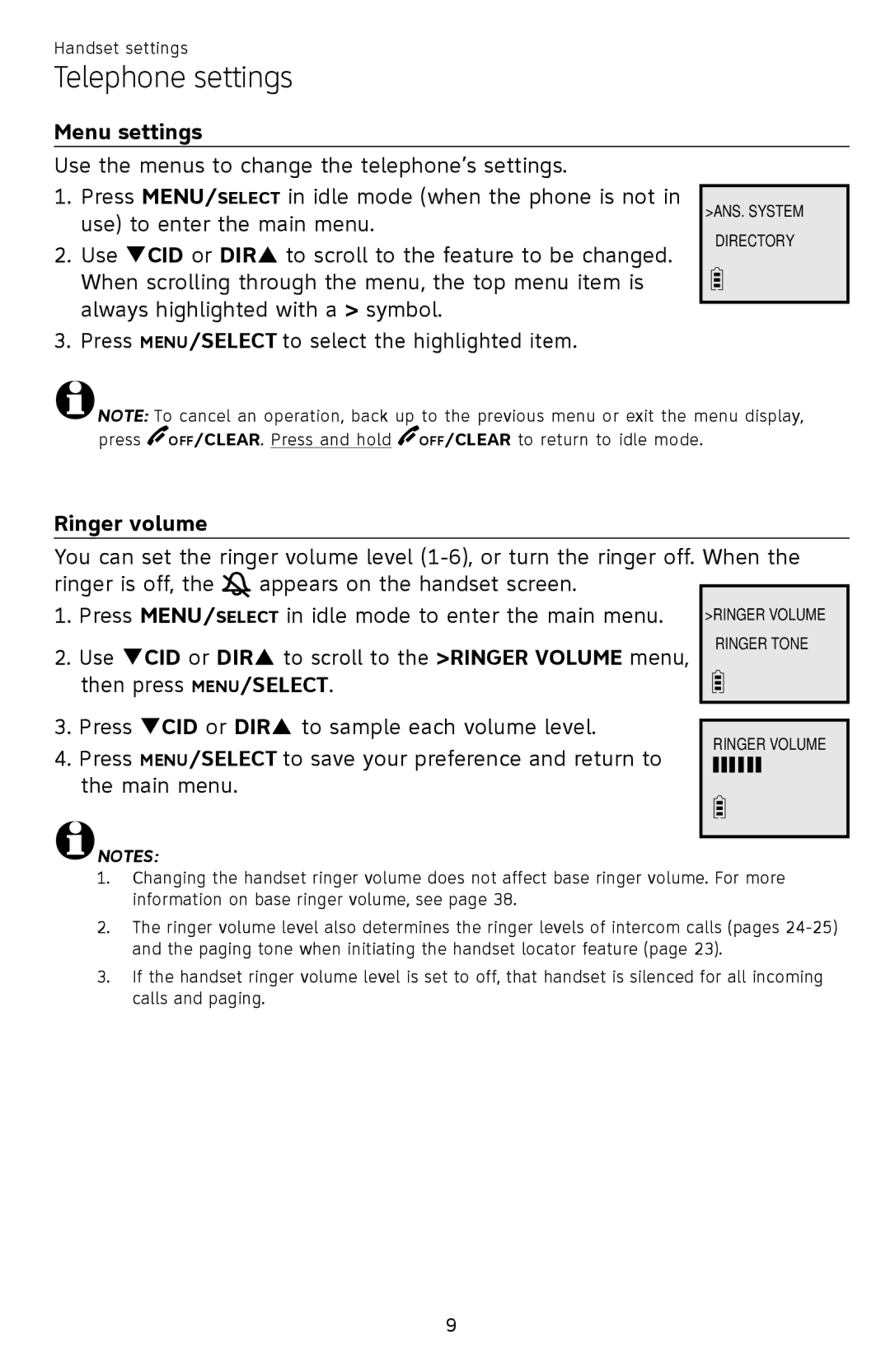 AT&T EL52419, EL52409, EL52459, EL52259, EL52209, EL52309 user manual Telephone settings, Menu settings, Ringer volume 