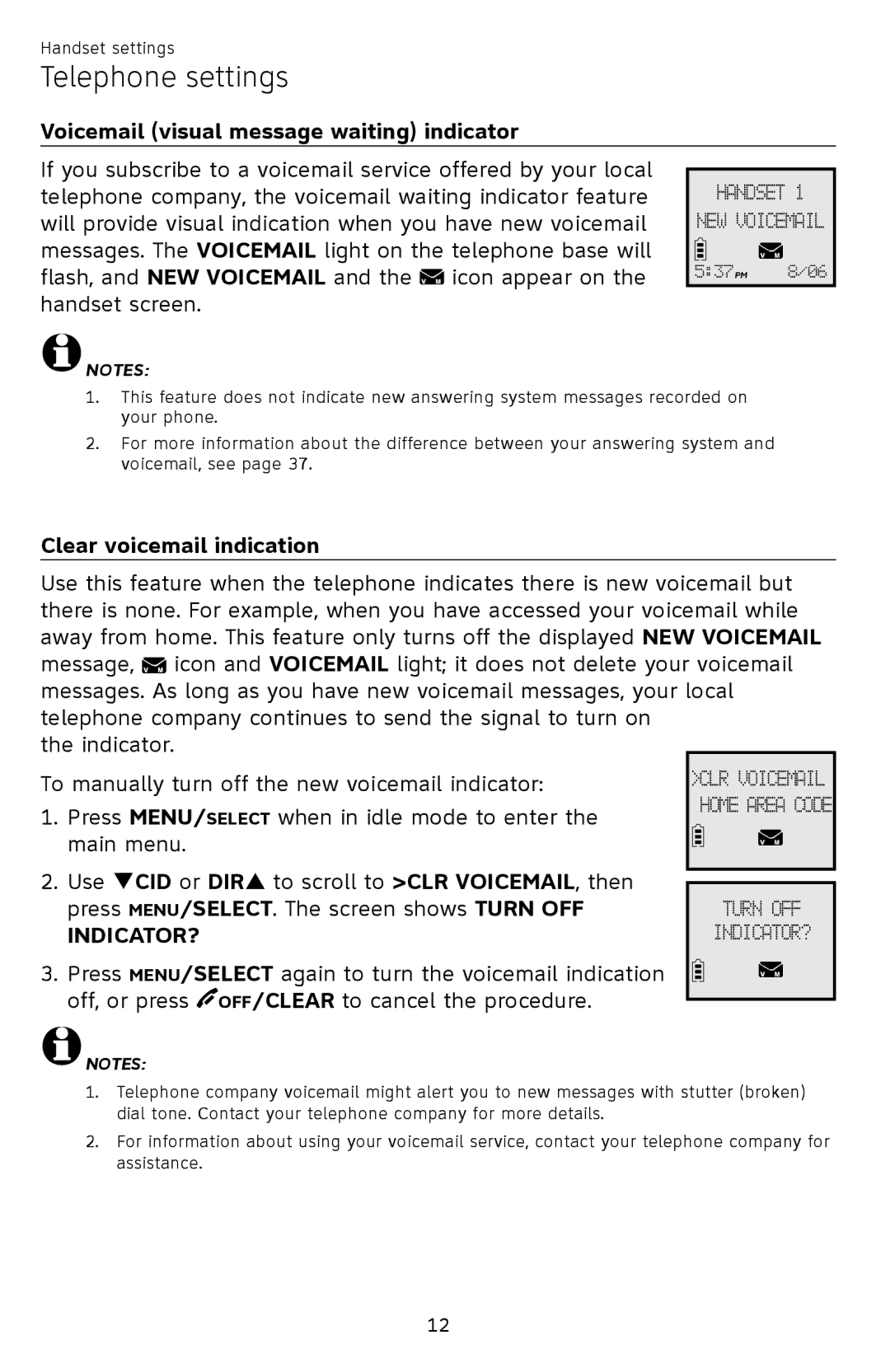 AT&T EL52309, EL52409, EL52459 Voicemail visual message waiting indicator, Clear voicemail indication, Indicator?Indicator? 