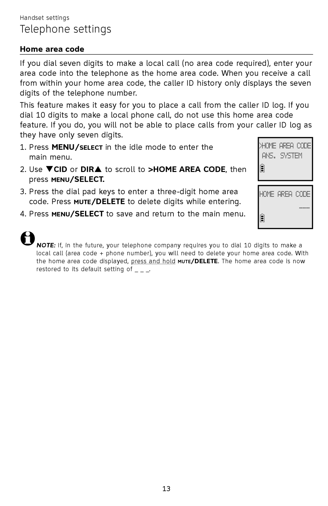 AT&T EL52409, EL52459, EL52419, EL52259, EL52209, EL52309 user manual Home area code, Press MENU/SELECT 