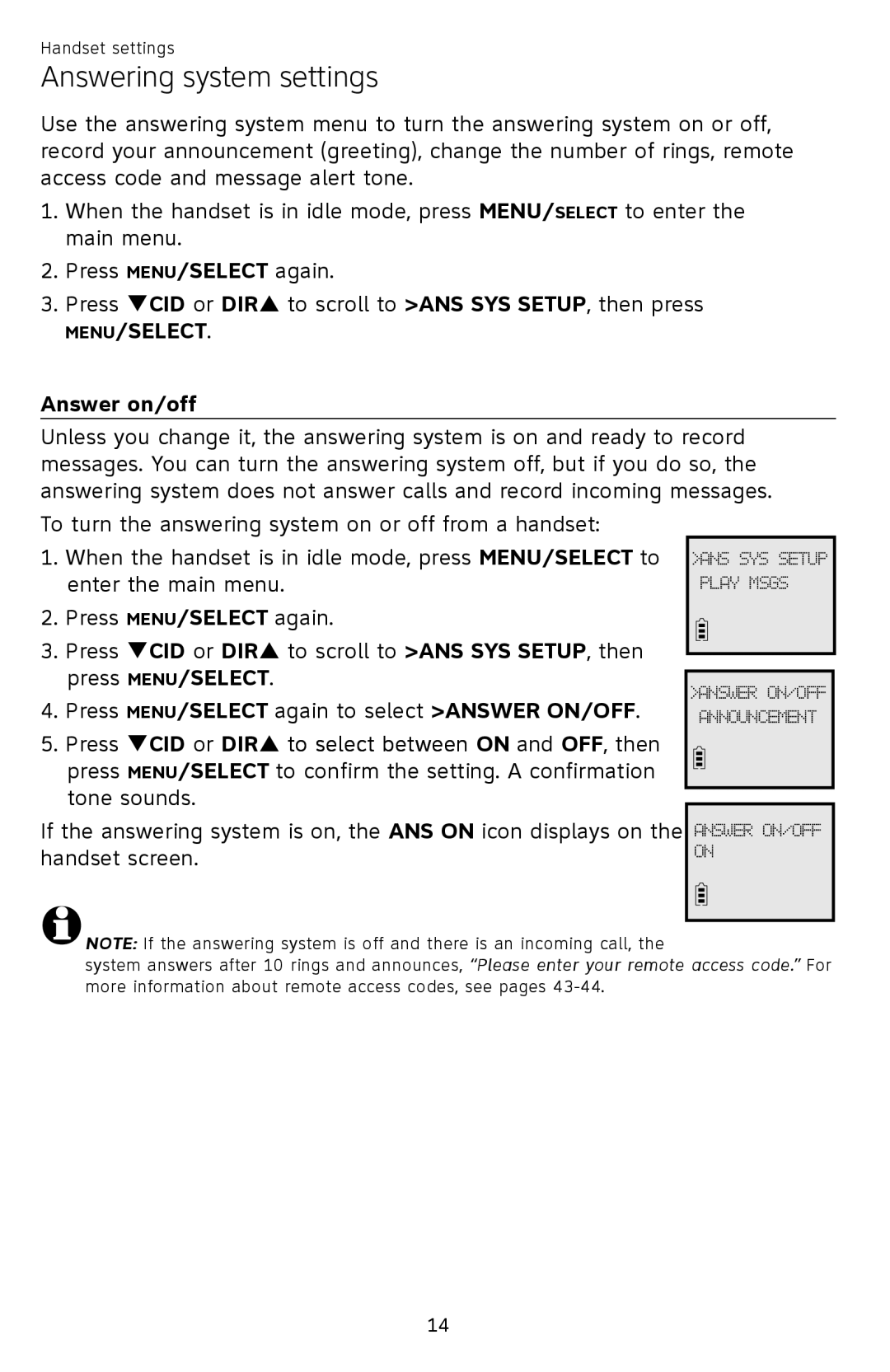 AT&T EL52459, EL52409, EL52419, EL52259, EL52209, EL52309 Answer on/off, Press qCID or DIRp to select between on and OFF, then 