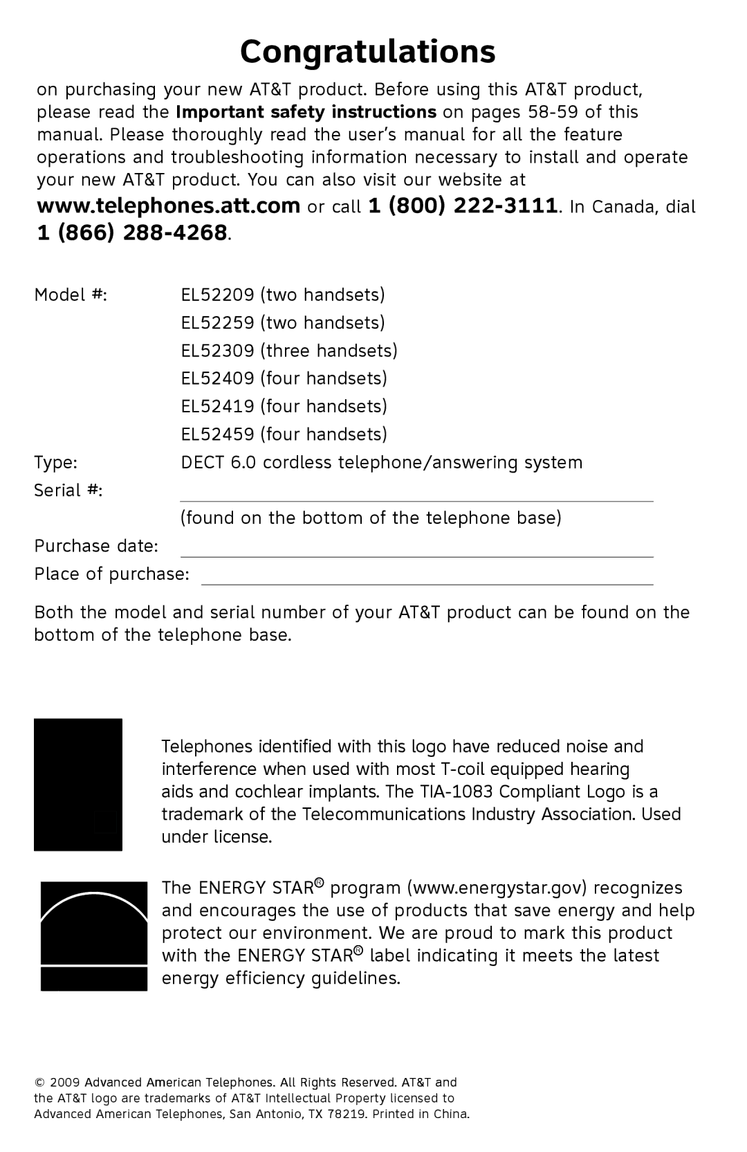 AT&T EL52419, EL52409, EL52459, EL52259, EL52209, EL52309 user manual Congratulations 