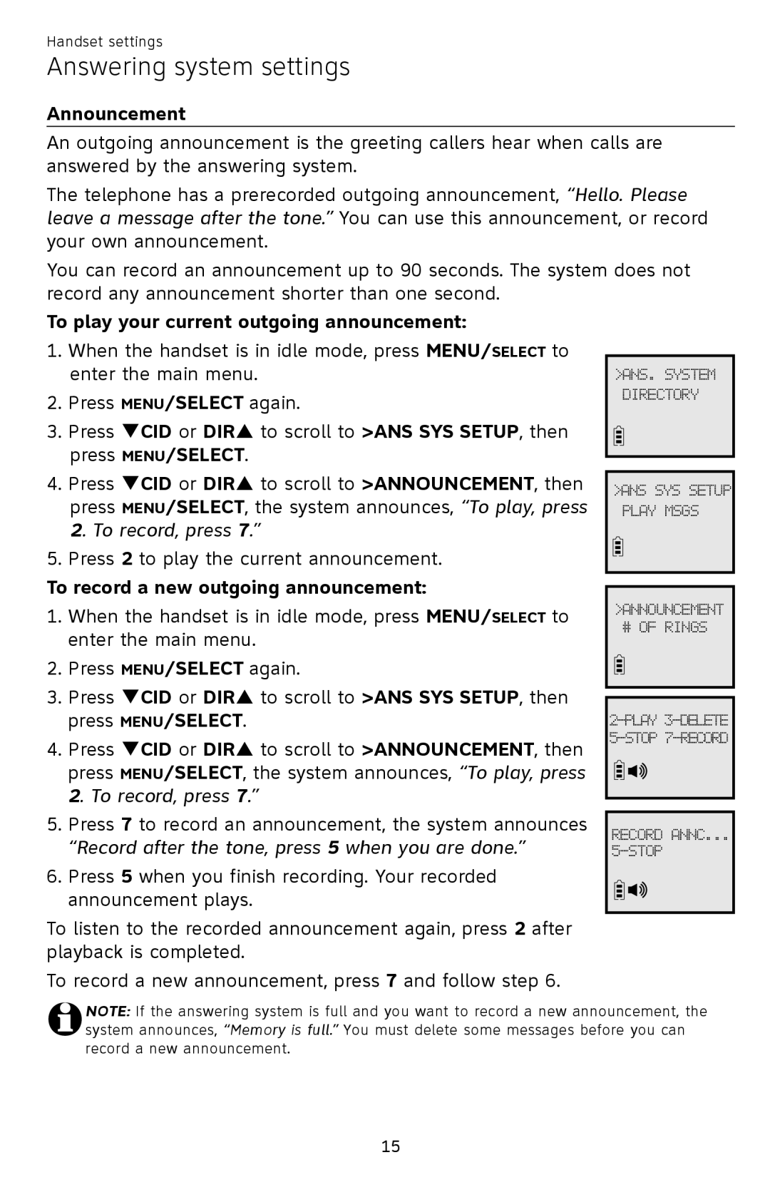 AT&T EL52419, EL52409 Announcement, To play your current outgoing announcement, To record a new outgoing announcement 